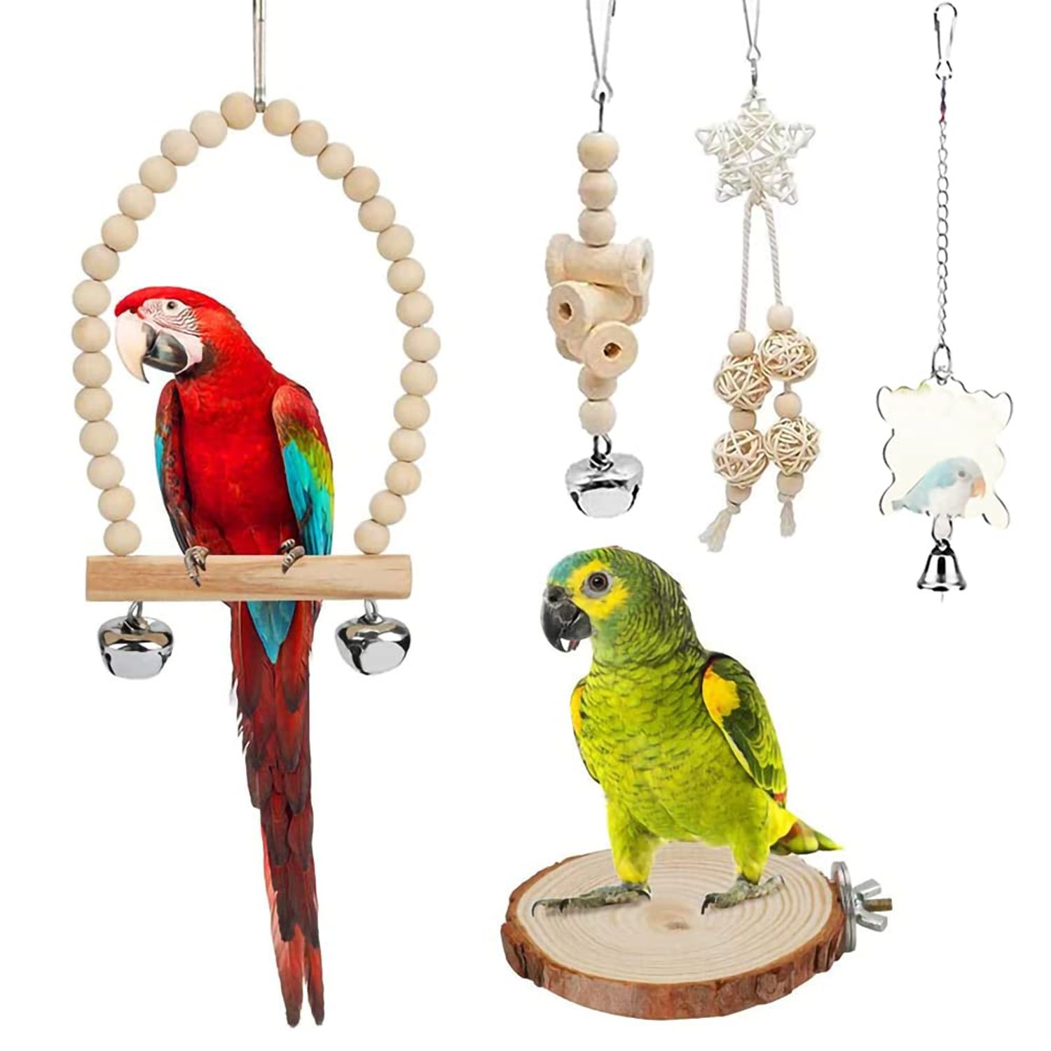TOLMIOW 9 Pieces Parrots Chewing Natural Wood and Rope Bungee Bird Toy for Anchovies, Coconut Hideaway with Ladder,Bird Perch Stand, Bird Cage Accessories, Parakeets, Cockatiel, Conure, Mynah, Macow