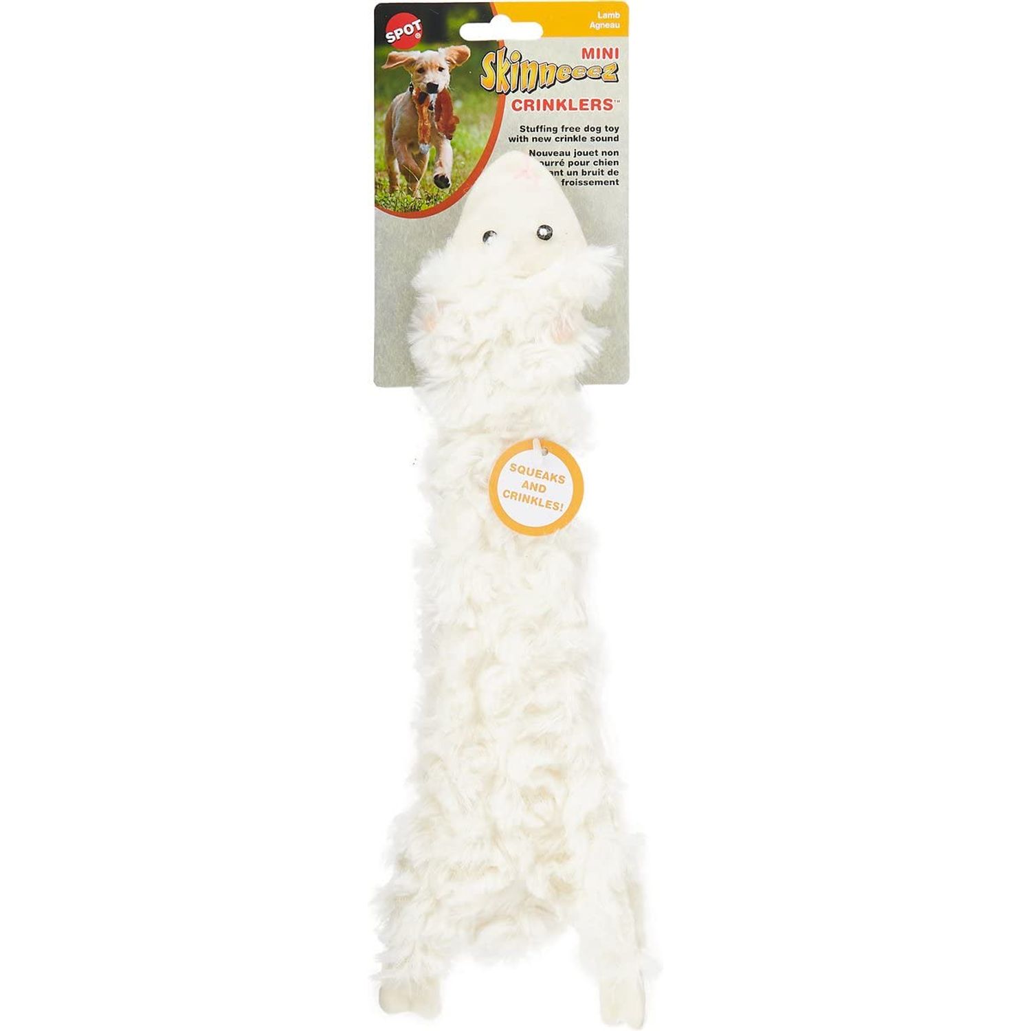 SPOT by Ethical Products Skinneeez Crinklers The Stuffless Crinkle Dog Toy with Squeaker For All Dogs Tug-Of-War Toy For Small and Large Breeds Squeak Toy for Dogs -Lamb - Small
