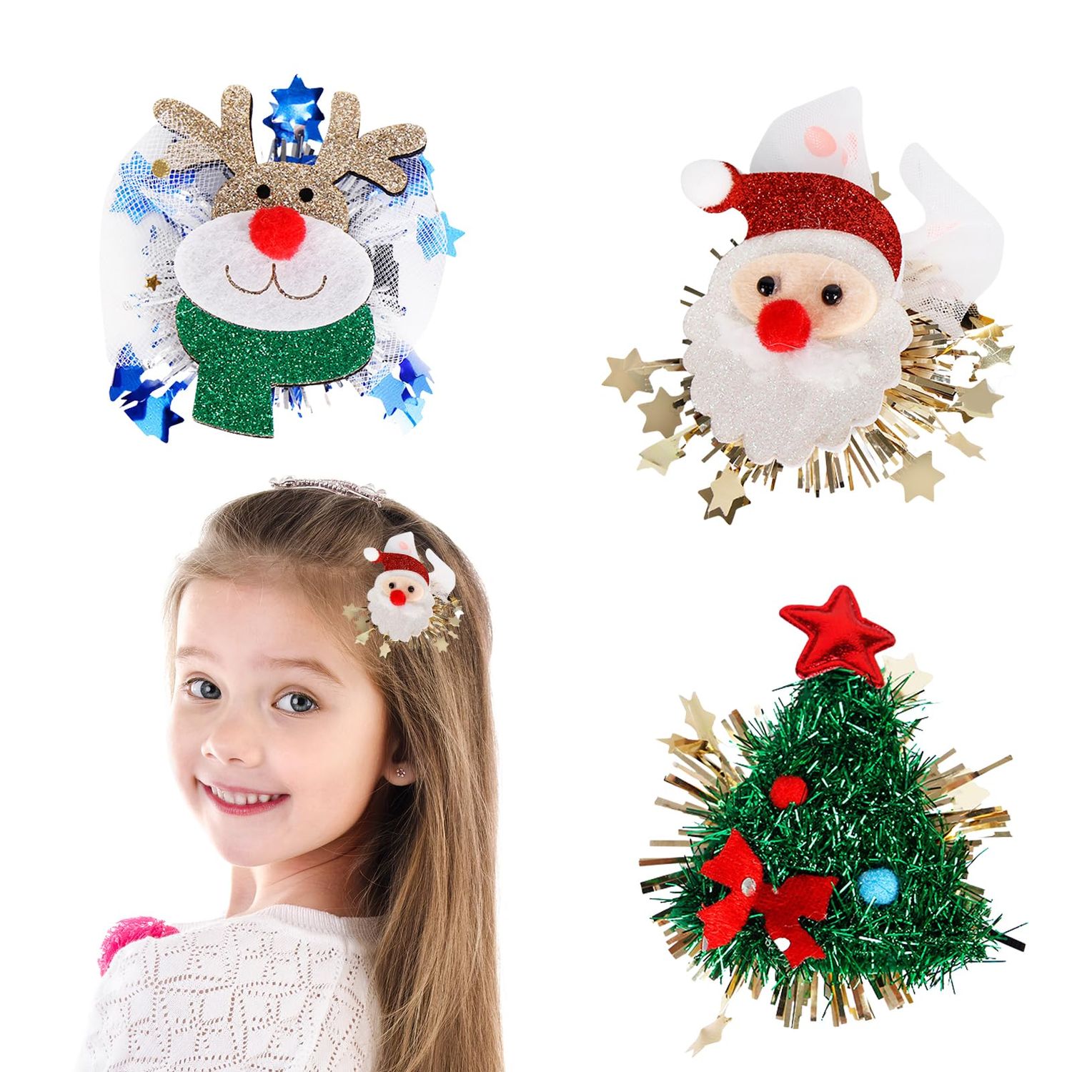 Christmas Hair Clips for Women Cute Hair Clips for Girls Lovely Santa Claus Hair Barrettes Christmas Tree Hair Pin Reindeer Antler Hairpins Winter Clips Christmas Hair Accessories for Baby Girls 3Pcs