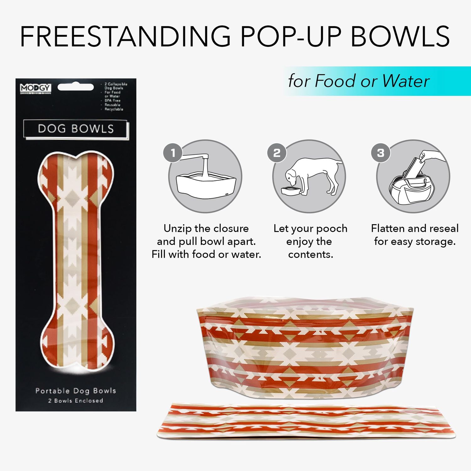 MODGY Collapsible Dog Food Bowl Dish, Reusable, Plastic Travel Size, Portable Container, Camping, Hiking, Car, Road Trip Essential, Cute Pattern, Sierra, Pack of 2