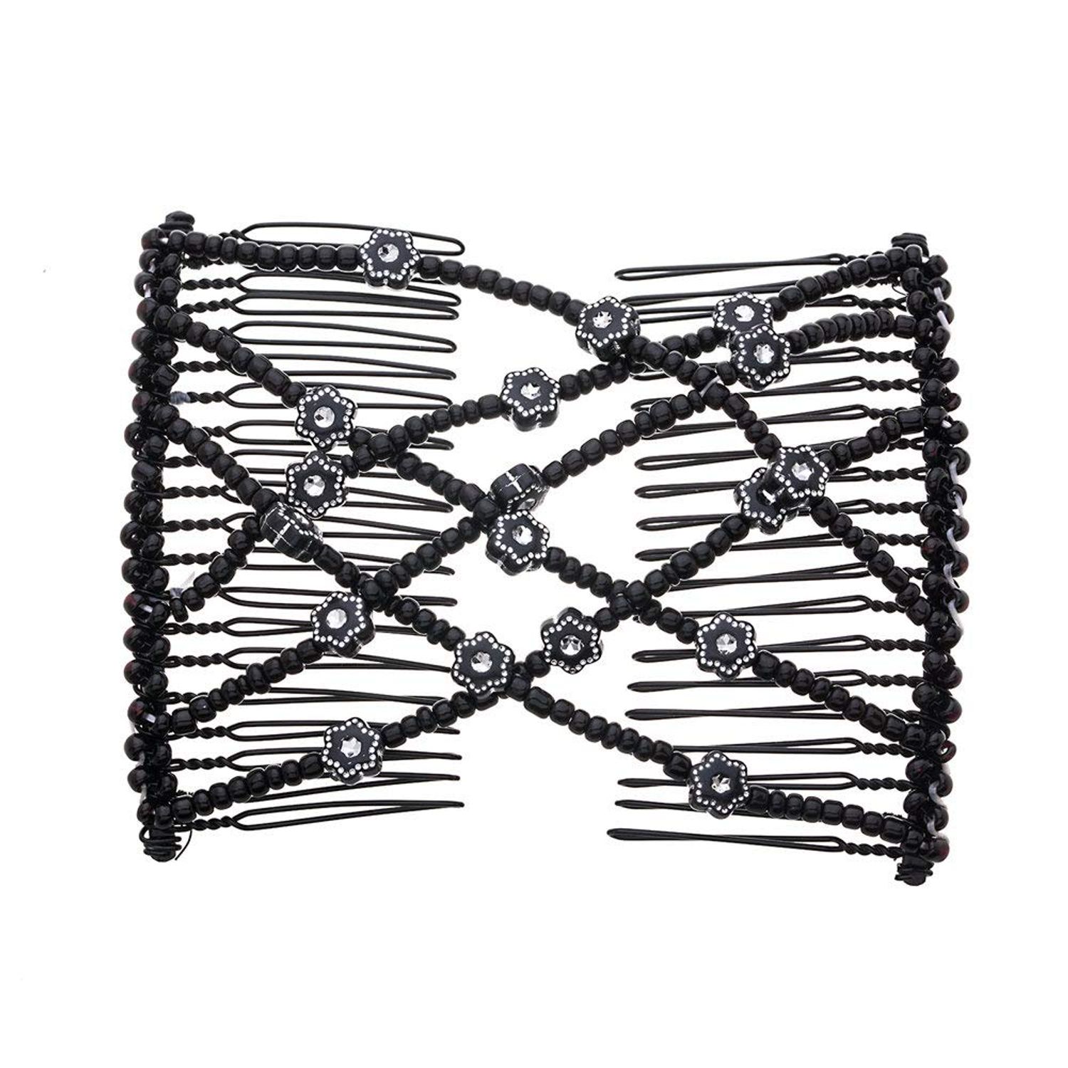 LOVEF 2Pcs Magic Hair Comb Clip for Women Girls Beaded Flower Barrette Hairpin Elastic Double Hair Combs Clips Hair Accessories