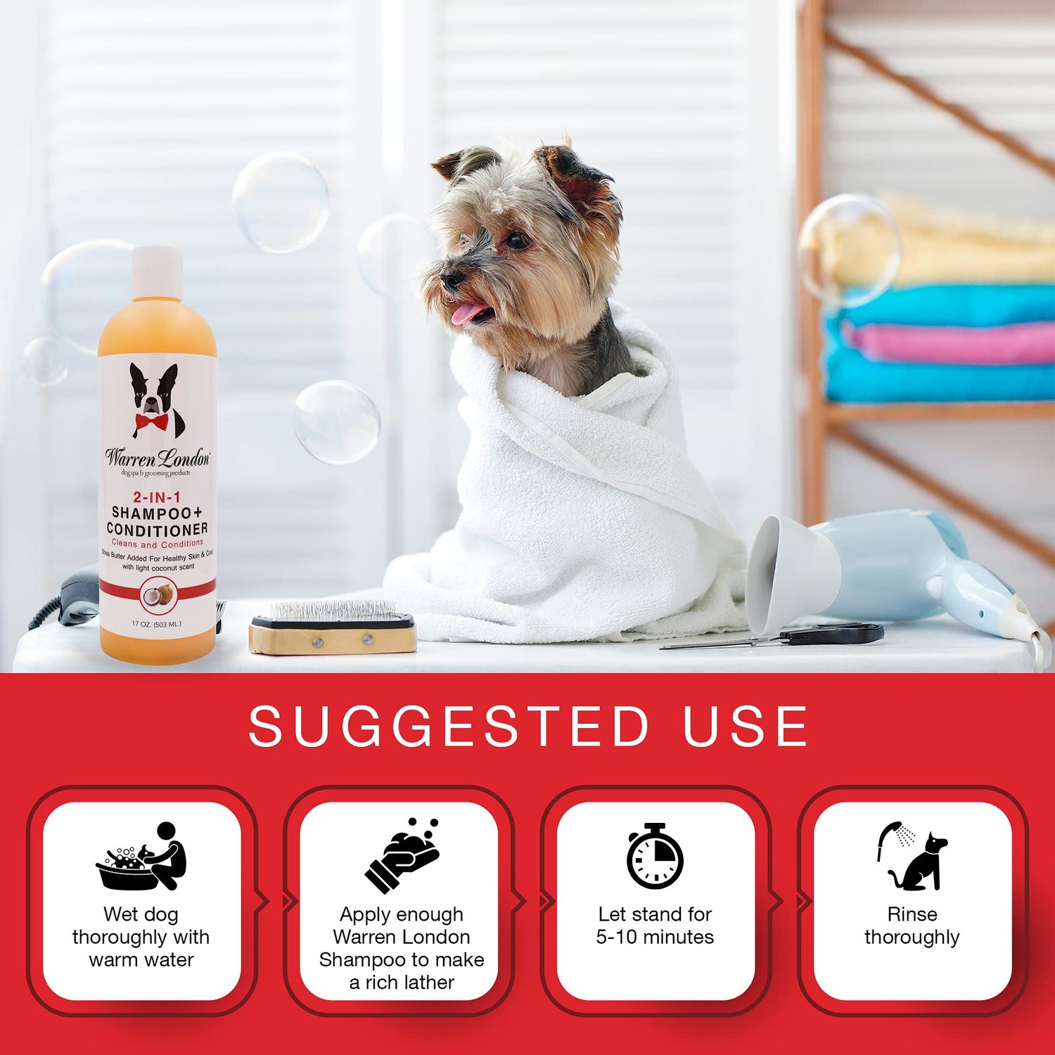 Warren London 2 in1 Pet Shampoo and Conditioner for Dogs, Puppys, & Cats | Best Dog Shampoo and Conditioner for Dry Itchy Skin | Dandruff Shampoo for Cats & Dogs | Made in USA | 17oz