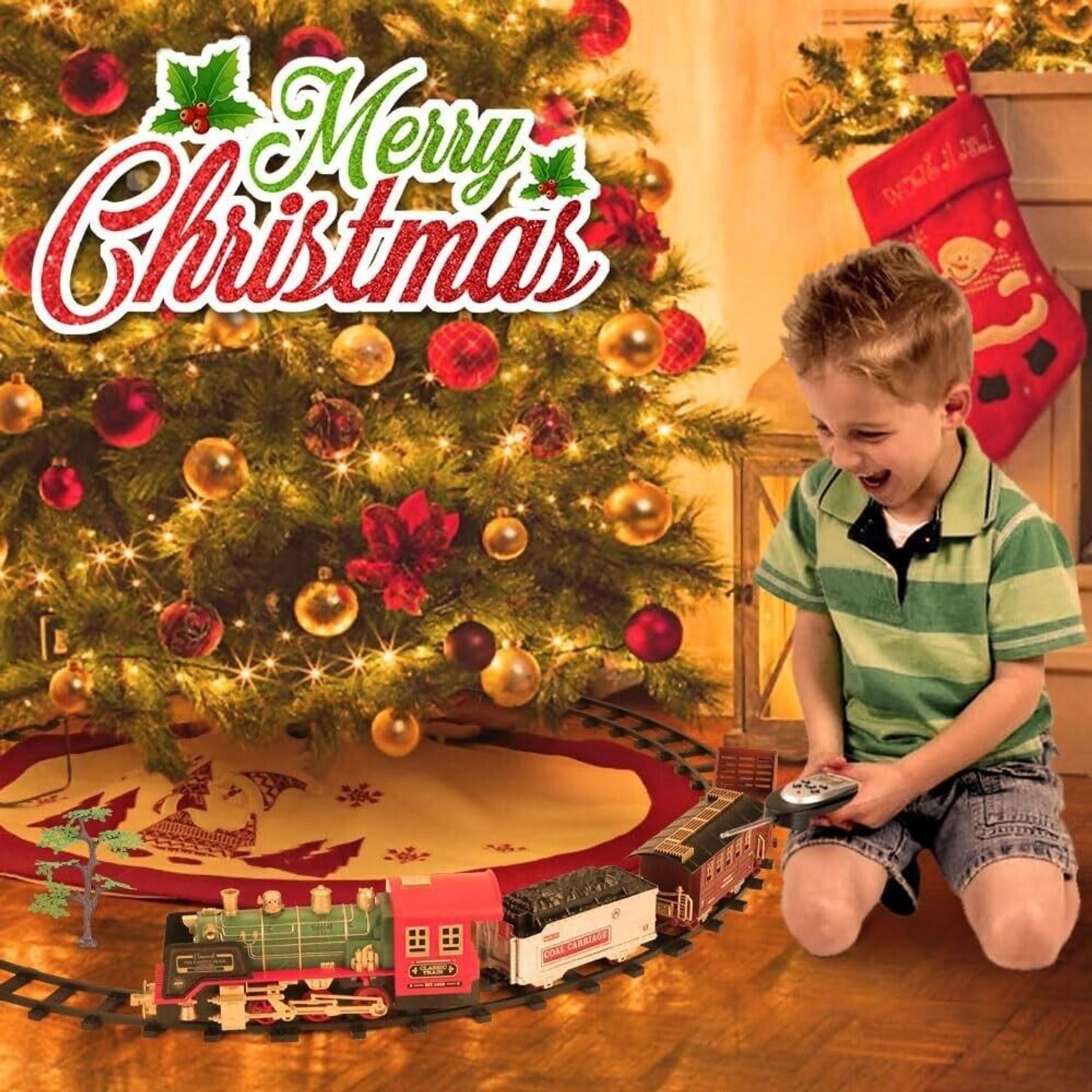 Christmas Electric Train Set with Remote Control, Sound, Light & Tracks, Kids 3+