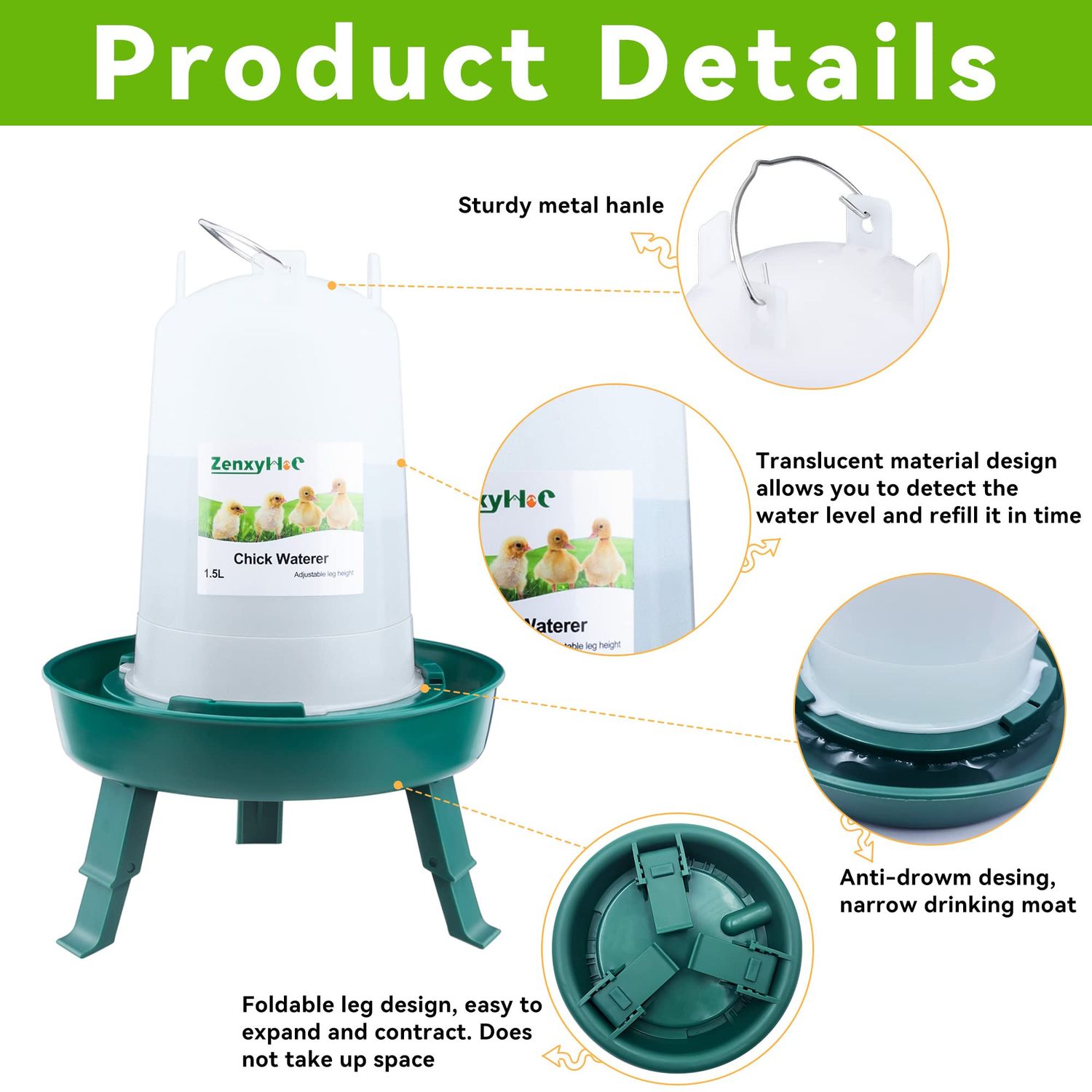 ZenxyHoC Chick Feeder and Waterer Kit, 2.2LBS Chick Feeder and 0.4Gal Chick Waterer with 3 Adjustable Heights Combo for Baby Chicken Duck Brooder