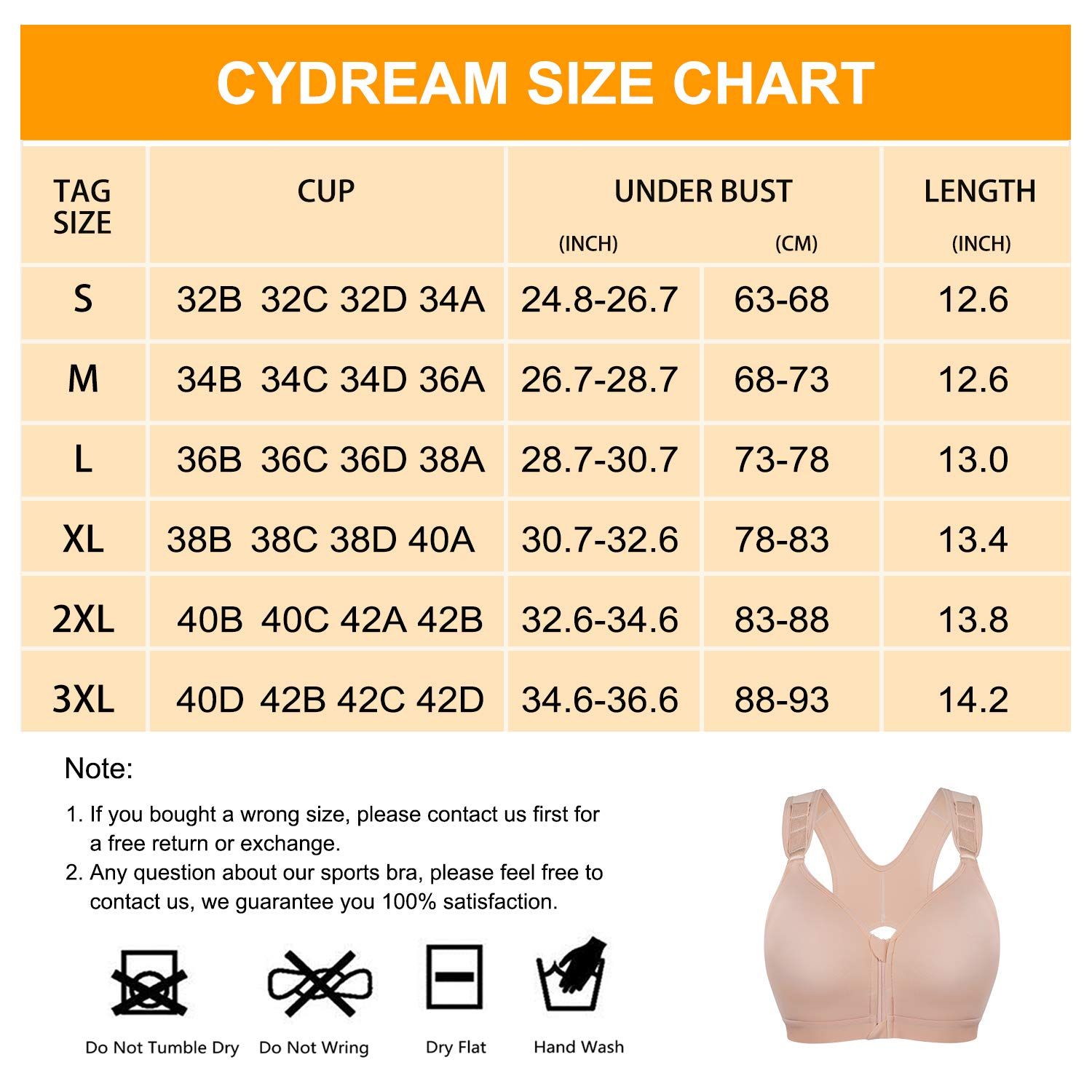 CYDREAM Women Post-Surgical Bra Zip Front Post Surgery Sports Bras Racerback Support Wireless Adjustable Straps (L, Beige)