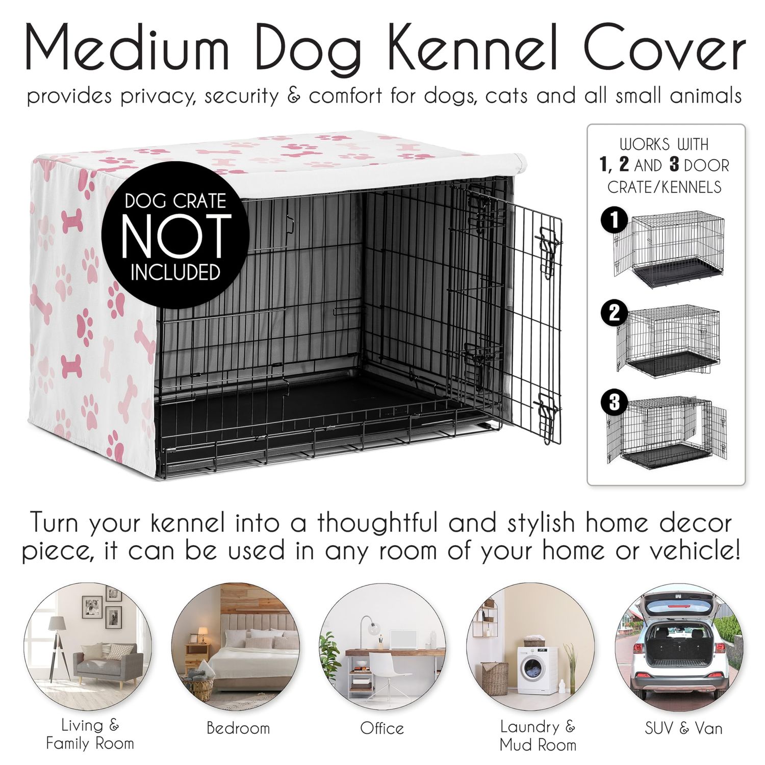Sweet Jojo Designs Bone Paw Print Girl Dog Crate Cover – Kennel Covers for 36 Inch Pet Cage Medium - Light and Bright Hot Blush Pink Modern Off White Puppy