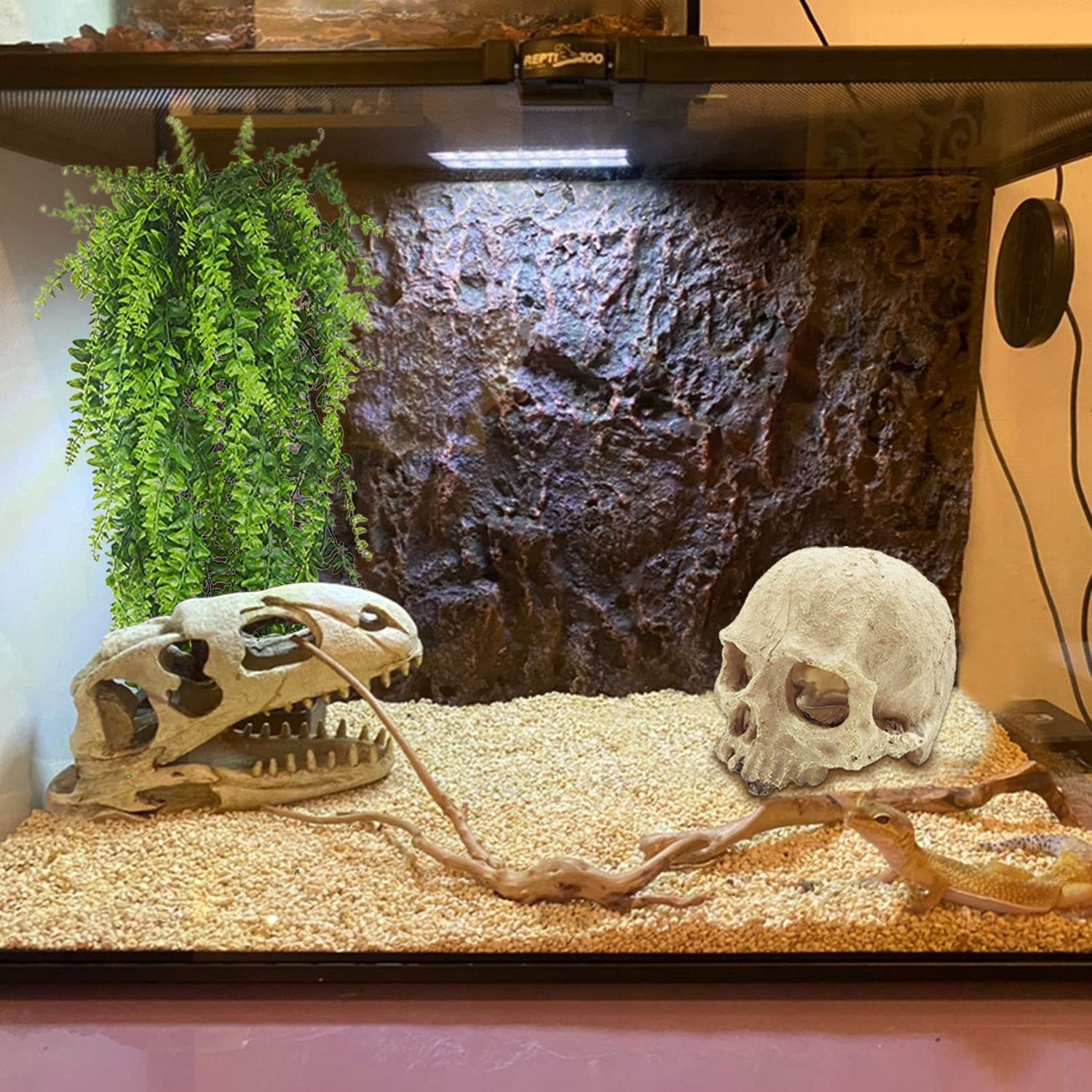 Tfwadmx Reptiles Skull Hide Decorations Bearded Dragon Tank Accessories Terrarium Ornament Gecko Hideouts Cave Snake Habitat Jungle Climber Bendable Vines Leaves for Lizards,Chameleon,Spider (4 Pcs)