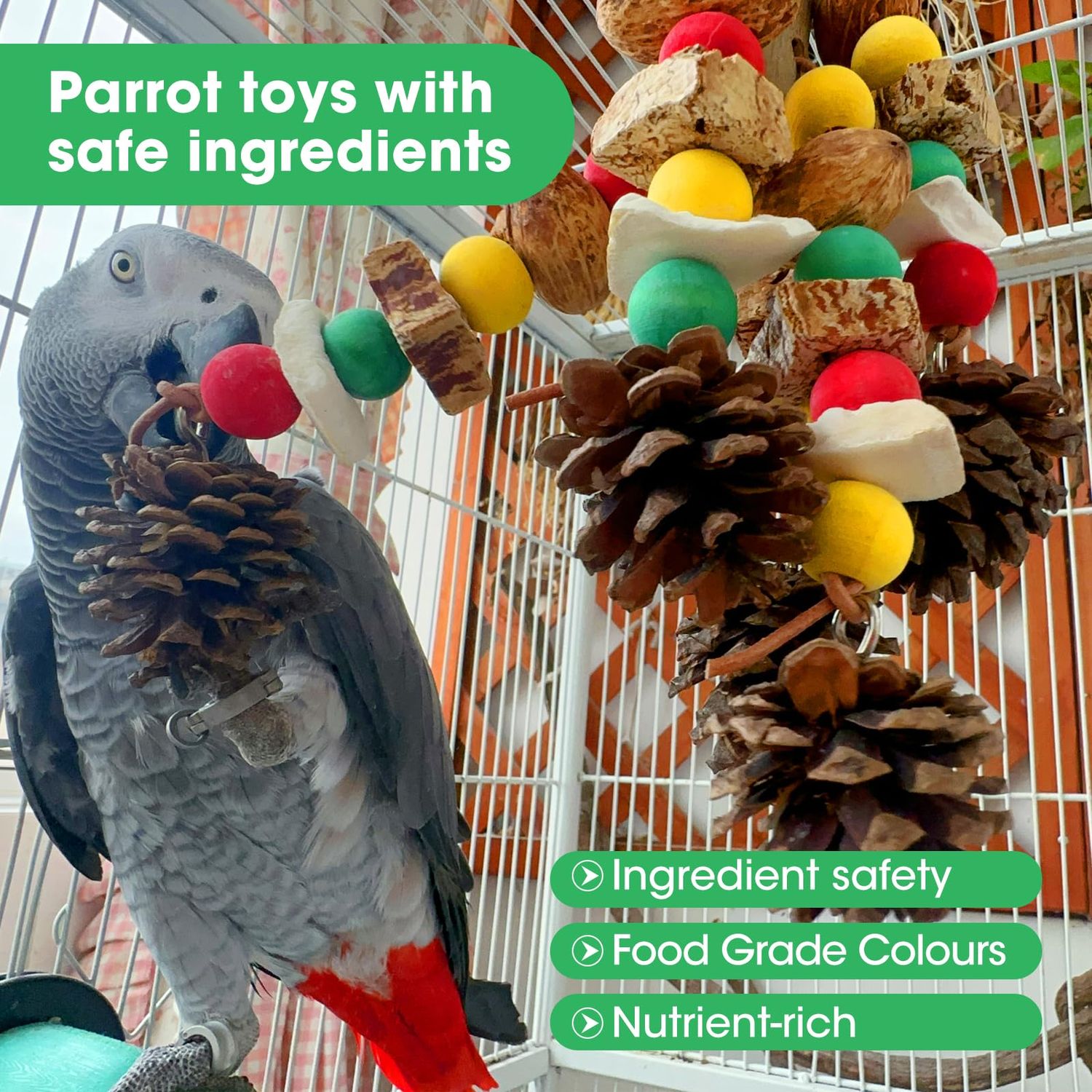 MQUPIN Parrot Toys,Nuts Nutrient-Rich Bird Toys,Natural Wooden Parrot Cage Bite Toy,Cockatoo Toys Containing Cuttlefish Bones,Pine Cones,Wooden Mangoes and Carambola for African Greys,Cockatoo,Budgie