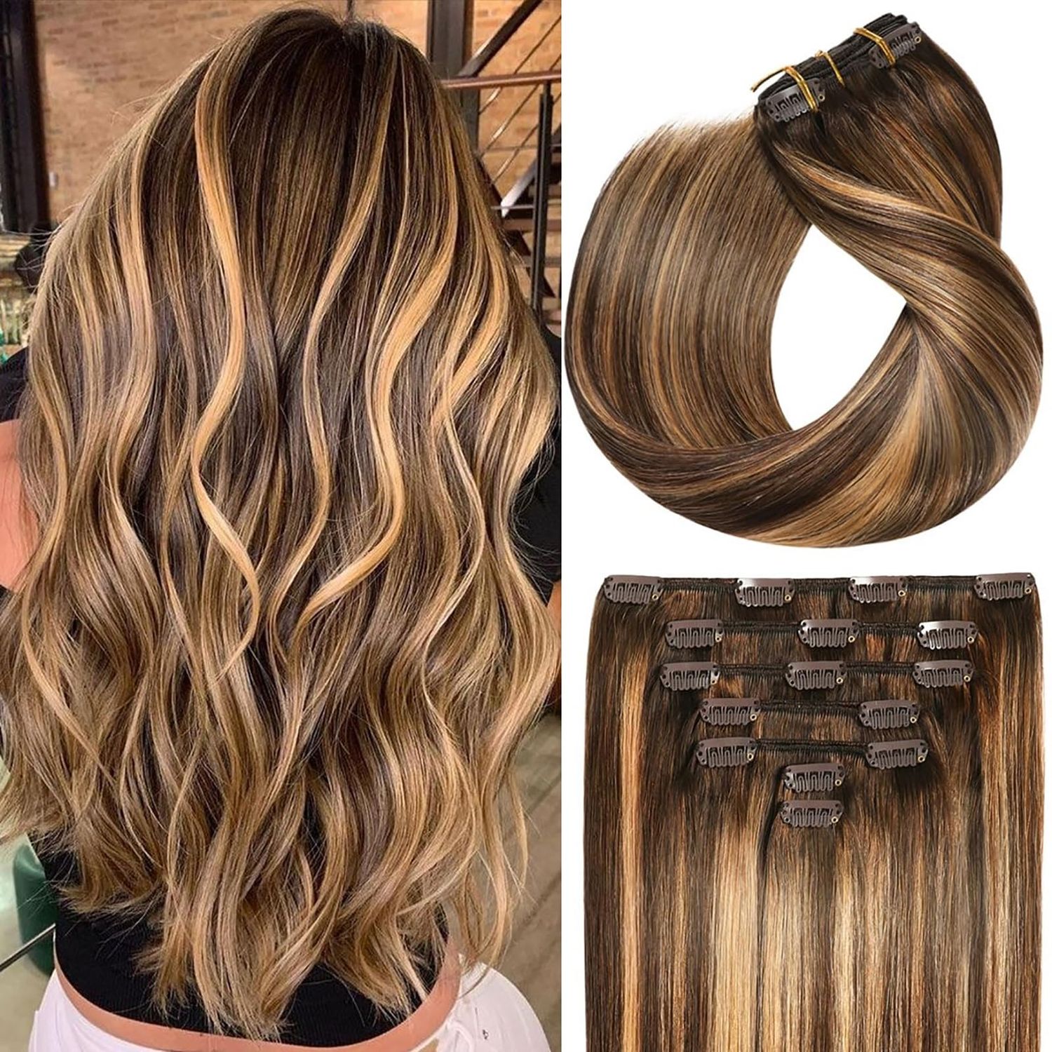 ORIGEN Clip in Hair Extensions Real Remy Human Hair Chocolate Brown to Caramel Blonde Highlights Straight Hair for Women 7pcs 120g 18 Inches
