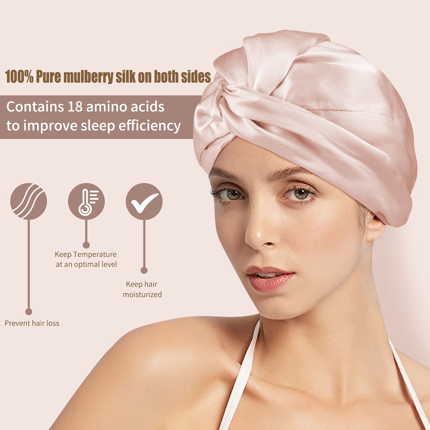 OLESILK 22 Momme Silk-Bonnet for Sleeping, 22 Momme 100% Mulberry Silk Sleep Cap for Women, Silk Hair Wrap for Curly Hair, Pink