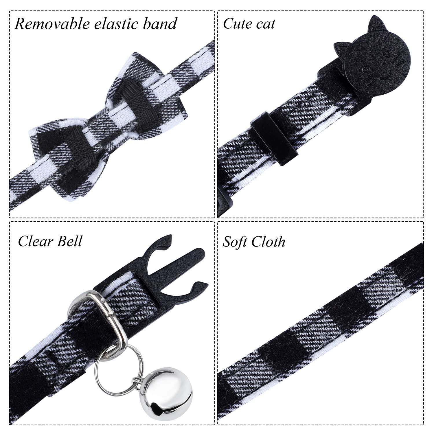 ADXCO 4 Pack Plaid Cat Collars Quick Release Cat Collar with Bell and Bow Tie Kitty Safety Cat Collar Breakaway Cat Collar Cute Plaid Adjustable Cat Bow Tie Collars with 4 Pack Anti-Lost Tags