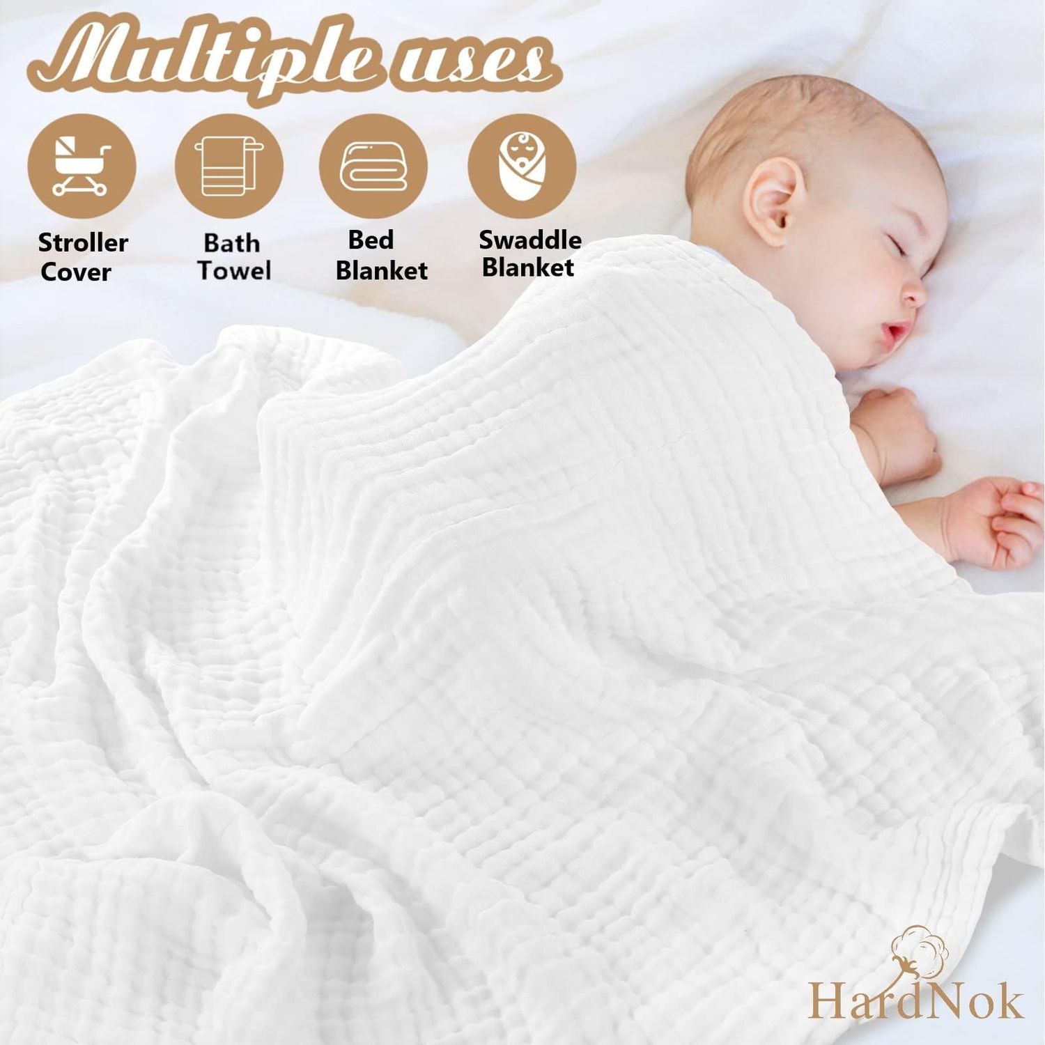 HardNok Muslin Baby Bath Towel Set, 2 Large Gauze Super Soft Baby Bath Towel and 3 Washcloths, 6 Layers Muslin Cotton Infant Blanket Suitable for Baby's Delicate Skin (Amsicotion)