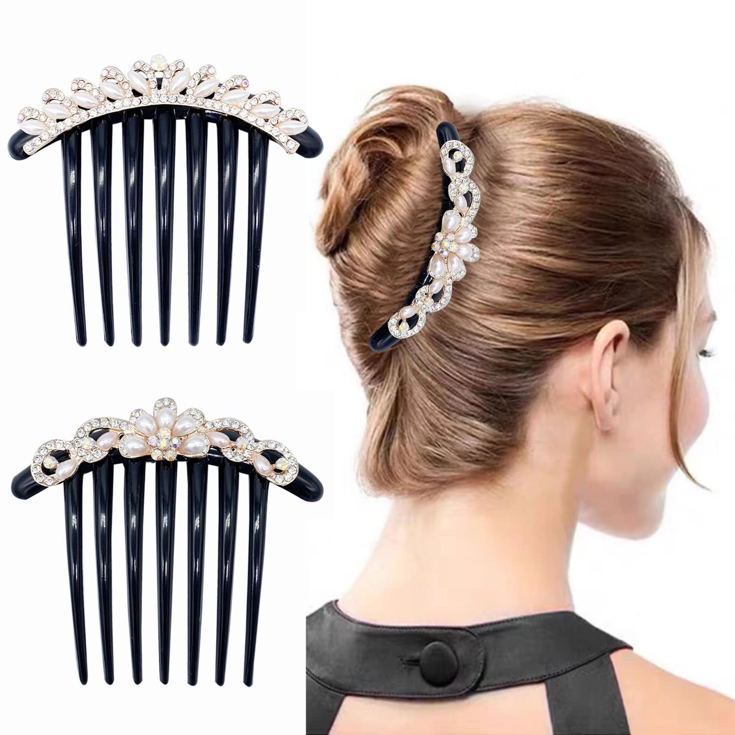 GeoGeoDIY Hair Comb, 4 Pcs Pearls Rhinestones Flower Hair Combs Pins, Vintage Wedding Headpieces Hair Tools, Hair Accessory for Women and Girls, Thick Hair, Black & White, Daily present