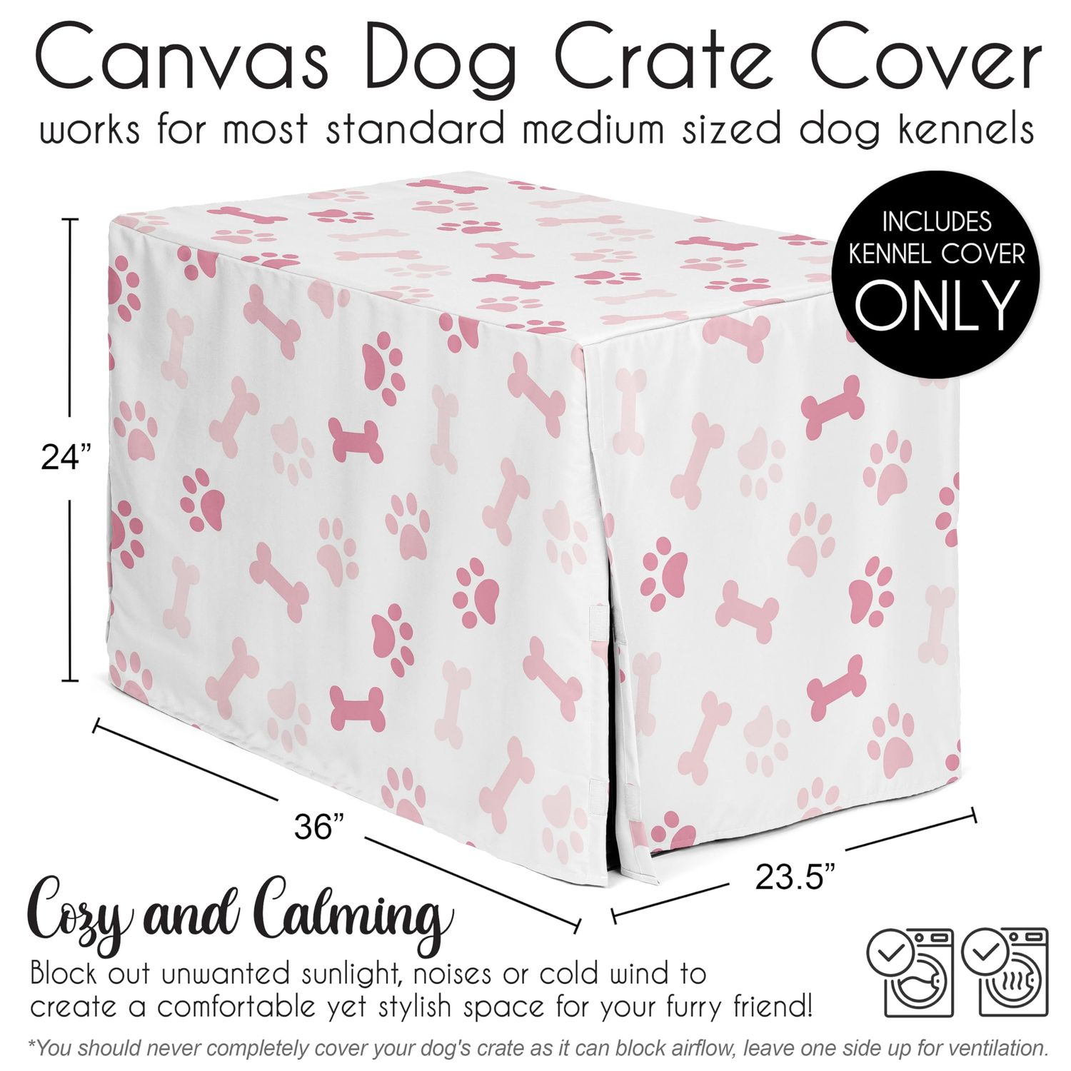 Sweet Jojo Designs Bone Paw Print Girl Dog Crate Cover – Kennel Covers for 36 Inch Pet Cage Medium - Light and Bright Hot Blush Pink Modern Off White Puppy