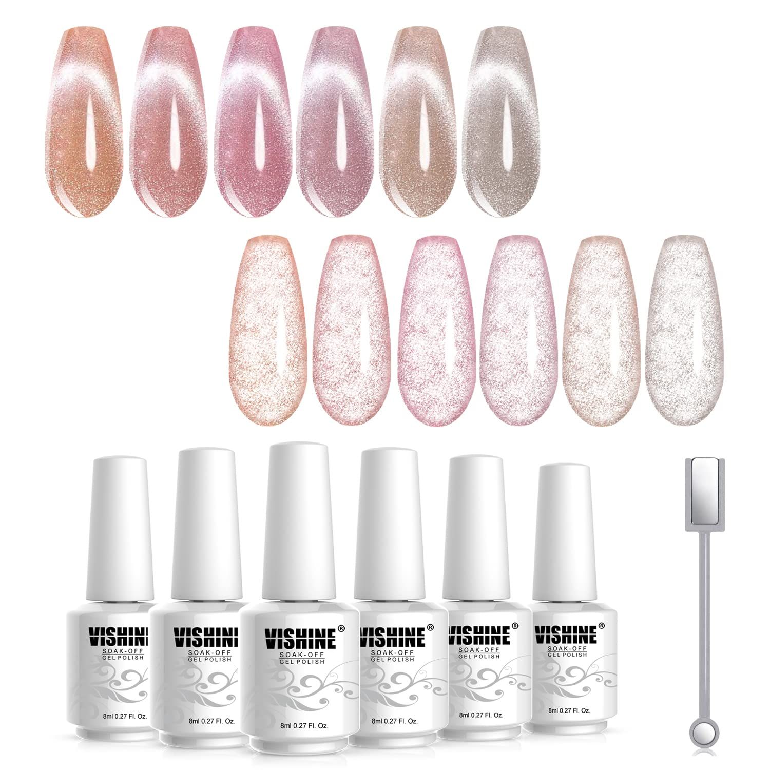 Vishine Glitter Galaxy Cat Eye Gel Nail Polish Set with Magnet for Holographic Cat Eye, Salon Gel Manicure and Nail Art DIY at Home 8ml