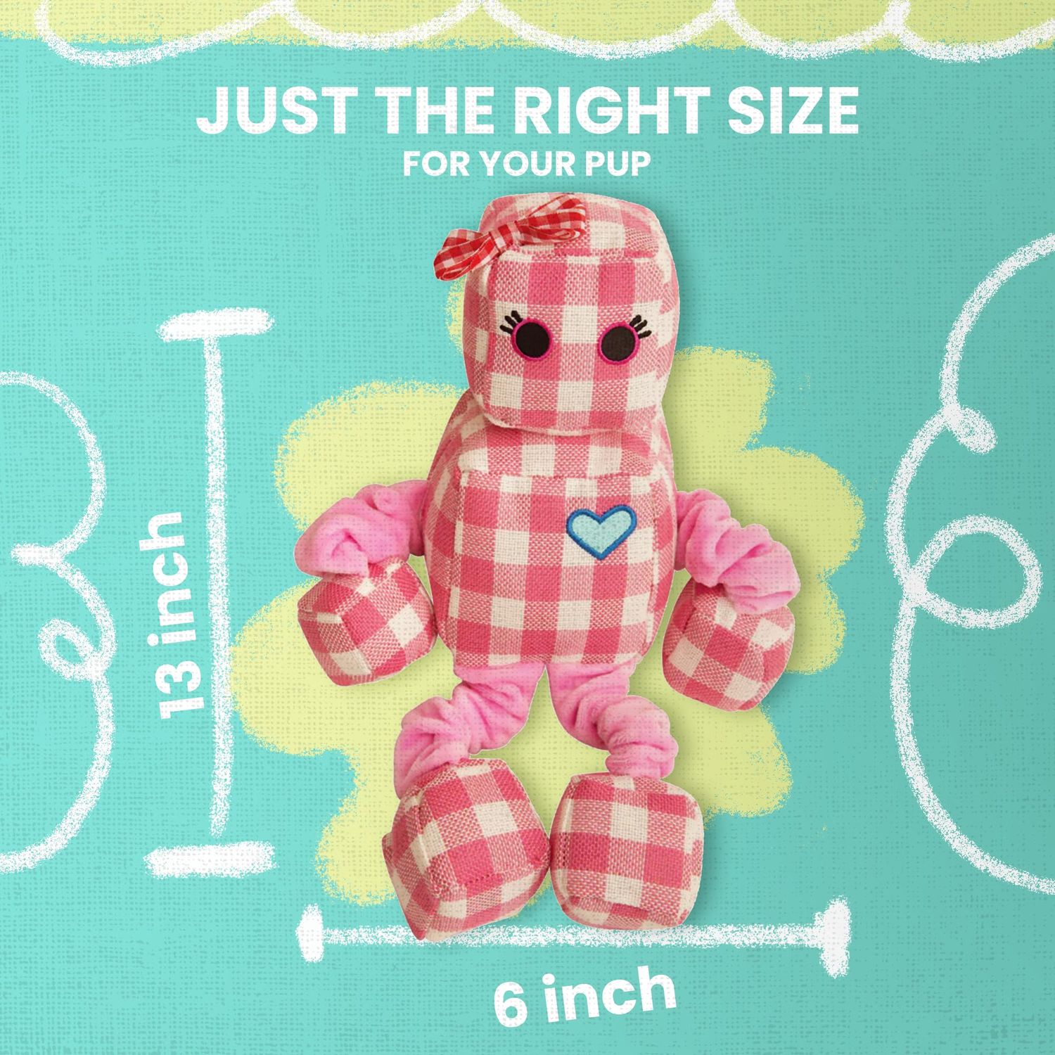 Health Extension Snugarooz Rosie The Robot Plush Dog Toy with Repair Patch Durable Gingham Linen - Bungee Arms & Legs - Perfect Cuddle Buddy