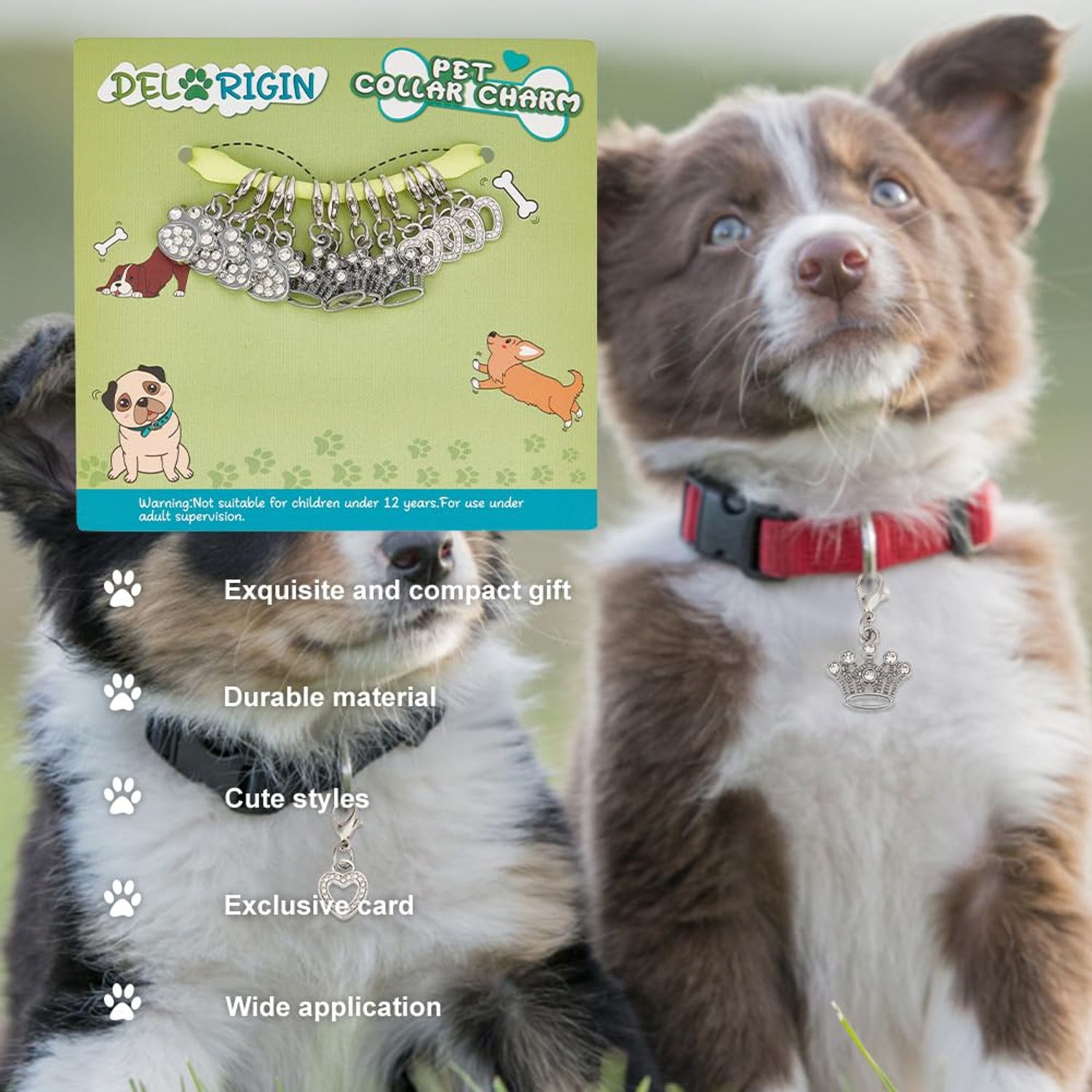 DELORIGIN 12pcs Alloy Pet Collar Charms Pendant 3 Styles Paw Heart Crown Cat Dog Pendants Rhinestone Key Chain Glitter with Carabiner Jewelry Clip-on Charms for Bag Necklace Bracelet Home Decor