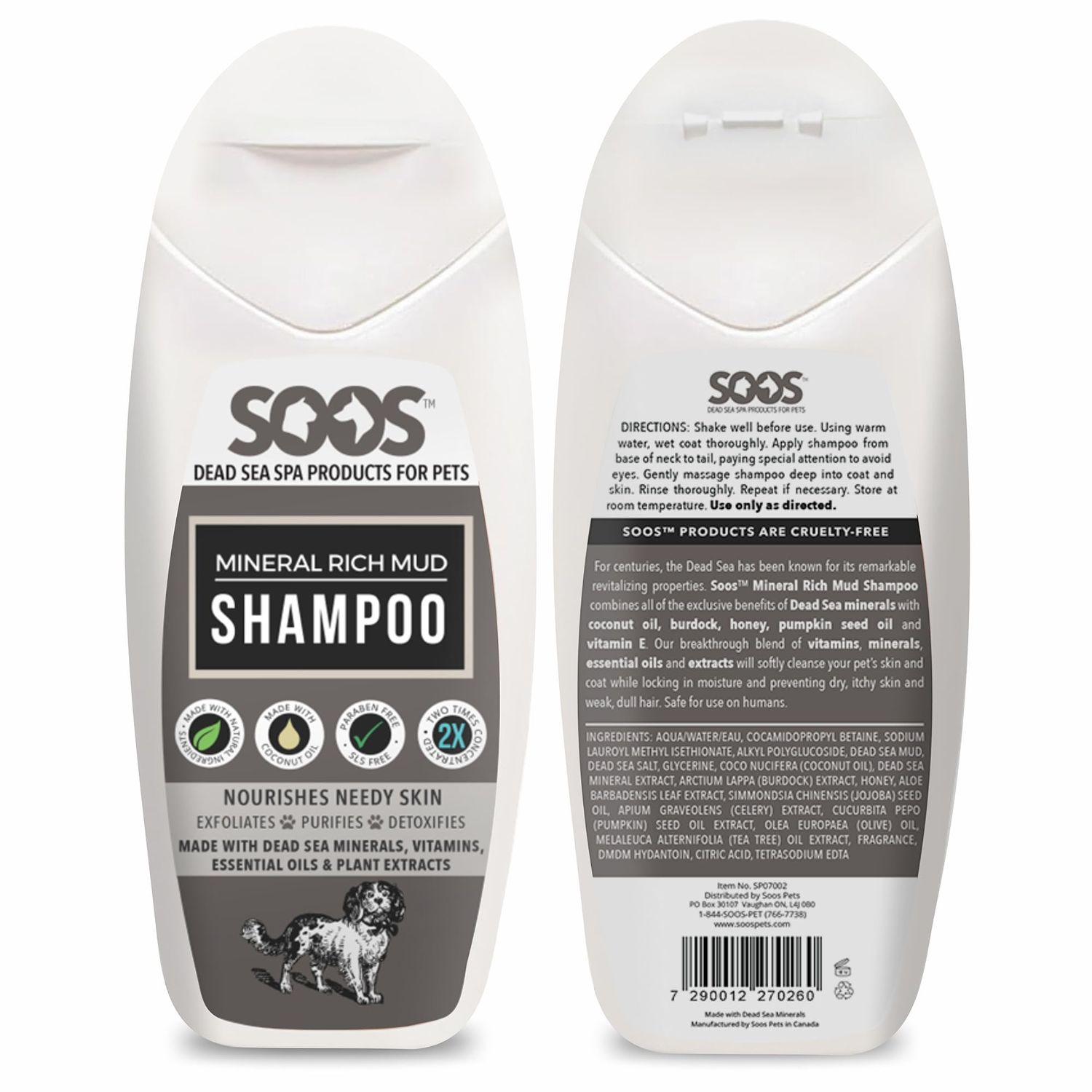 Soos Pet Dog Shampoo for Cats and Pets Mineral Rich Mud Natural Dead Sea Cruelty Free Fast Absorbing Skin Cooling First Aid Antib-acterial and Antif-ungal Odor Remover - 1x 250ml