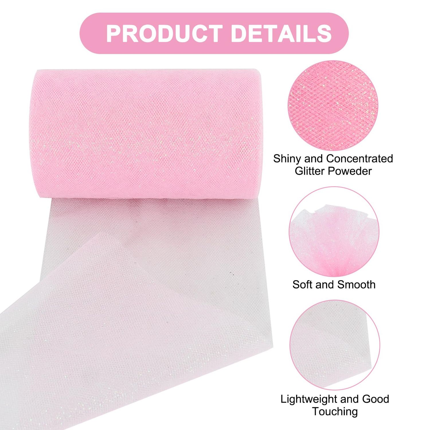 TONIFUL Pink Glitter Tulle Roll 6 Inch x 50 Yard Tulle Ribbon for Tutu Skirt, Wedding Christmas Baby Shower Valentine's Decorations and DIY Crafts