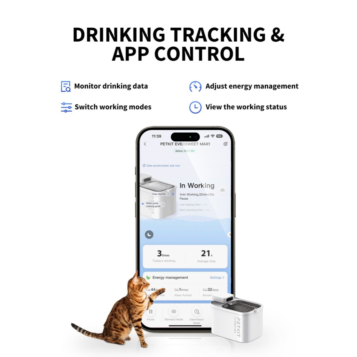 PETKIT Cordless Cat Water Fountain 3L 105oz Wireless Pet Dispenser Smart App Qui