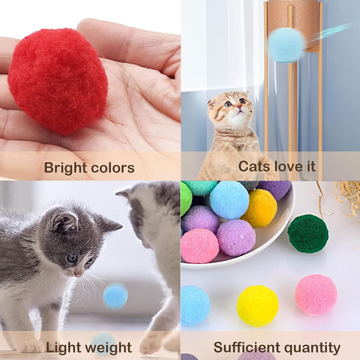 HaiPal Cat Toy Balls, 10Pcs Premium Soft Pom Pom Balls for Kittens, 1,6'' Funny Interactive Cat Pompom Toys for Bored Indoor Cats Playing Plush Balls for Craft DIY Decorations, Cute Kitten Kitty Toys.