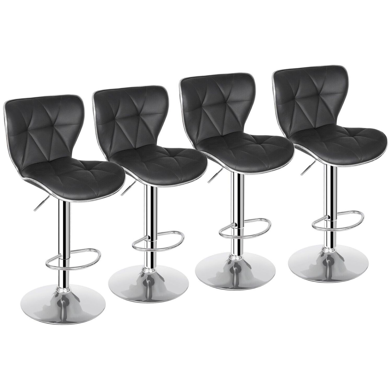 Set of 4 Black Bar Stools w/Shell Back PU Leather Back Adjustable Swivel Stools