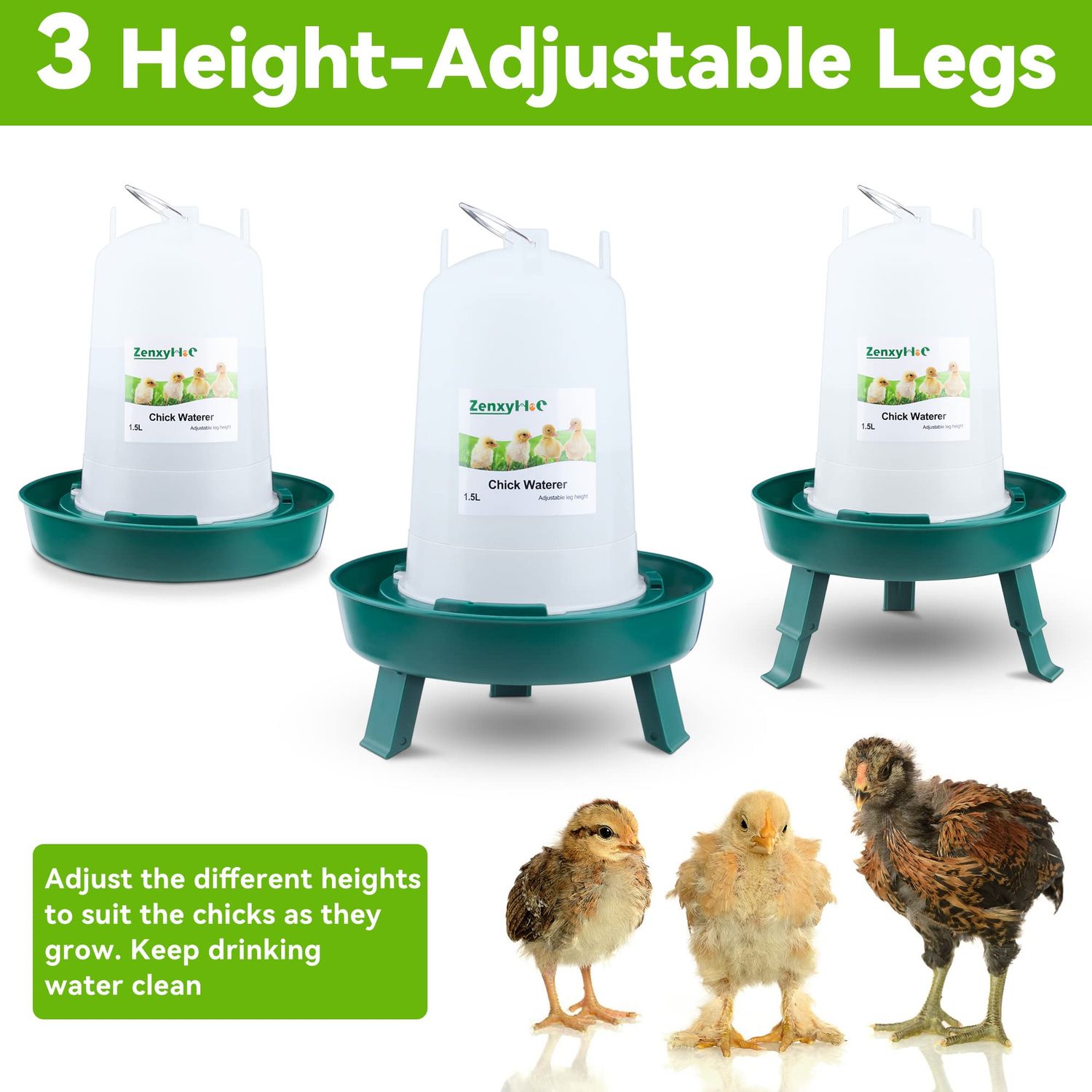 ZenxyHoC Chick Feeder and Waterer Kit, 2.2LBS Chick Feeder and 0.4Gal Chick Waterer with 3 Adjustable Heights Combo for Baby Chicken Duck Brooder