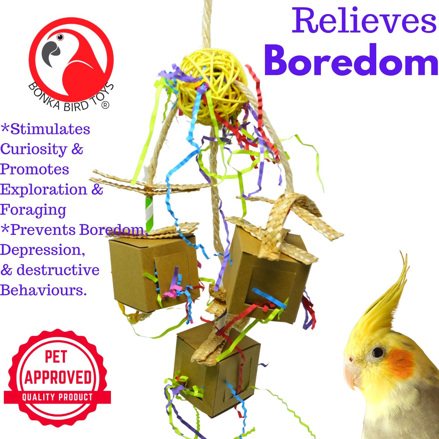 Bonka Bird Toys 2635 Peekaboo Trio Forage Chew Shred Medium Parrot Cage Toy, Conure, Ringneck, Pionus, and Similar Breed Sizes