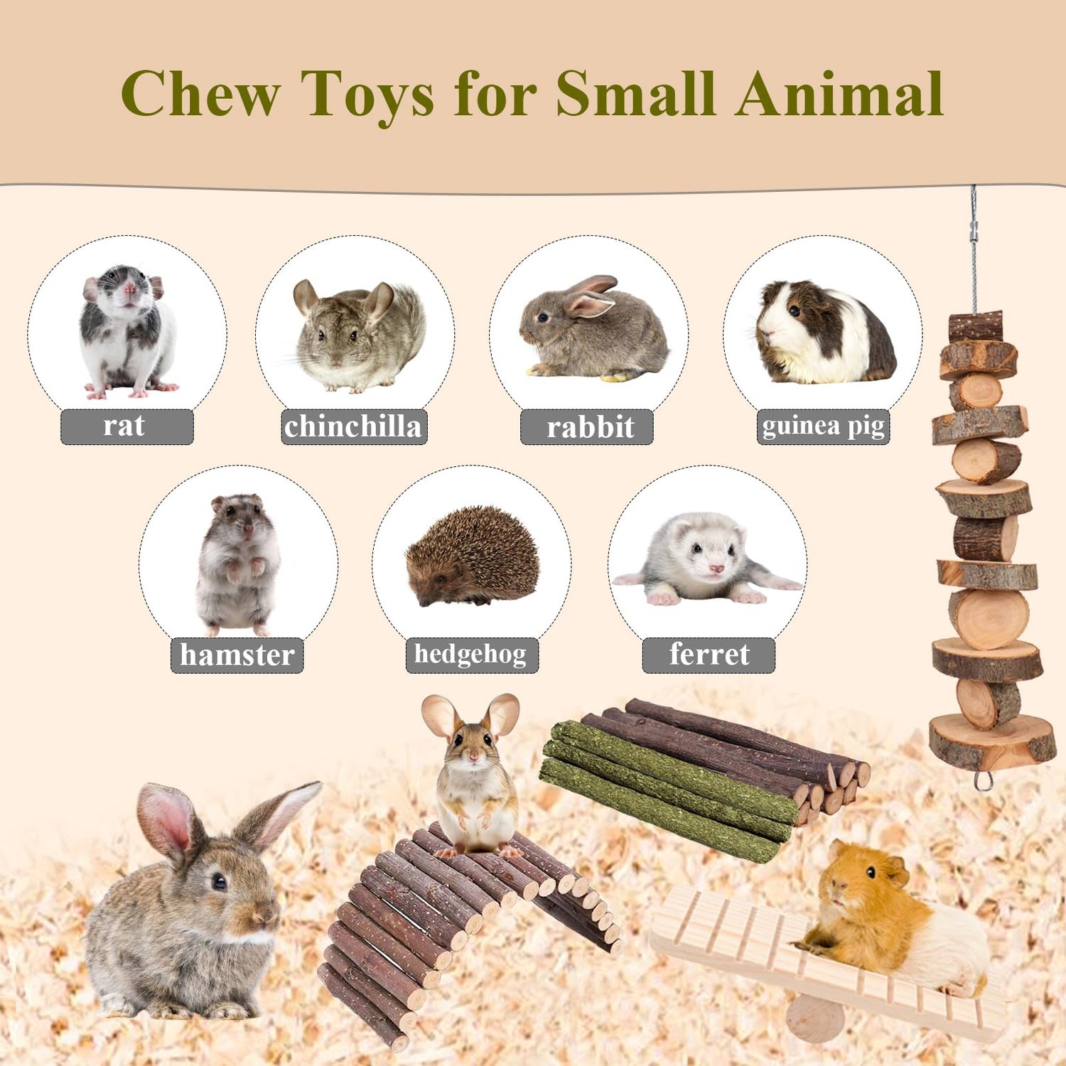 Grddaef Hamster Toys, Rabbit Chew Toys Guinea Pig Enrichment Toys Cage Accessories for Chinchilla Gerbils Rats Bunny Squirrels