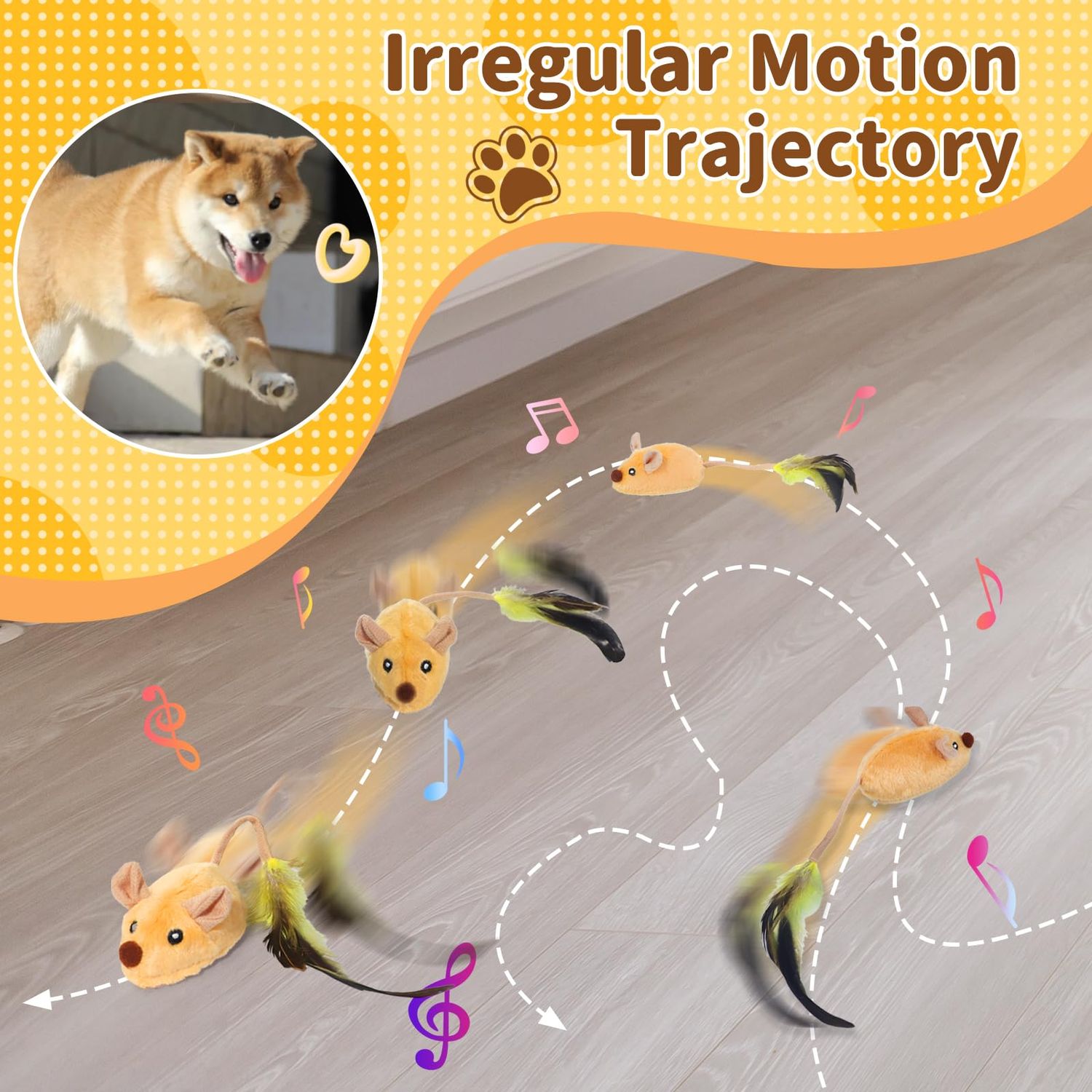 Interactive Dog Toys Mouse - with LED Lights, Moving Automatic Chirping Mouse Toy Squeaky with Feather Tail, for All Breeds Dog Indoor/Outdoor Boredom Exercise, USB Rechargeable (【2Pack】 Yellow×Grey)