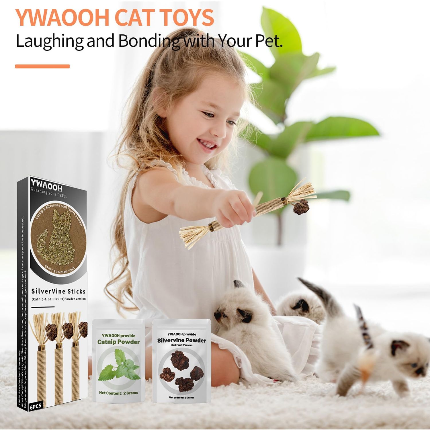 YWAOOH Cat Toys, 6 Silvervine Chew Sticks & 1PCS Organic Catnip & 1PCS Silvervine Powder, Cat Dental Toys for Kitten Teeth Cleaning, Matatabi Cat Toy