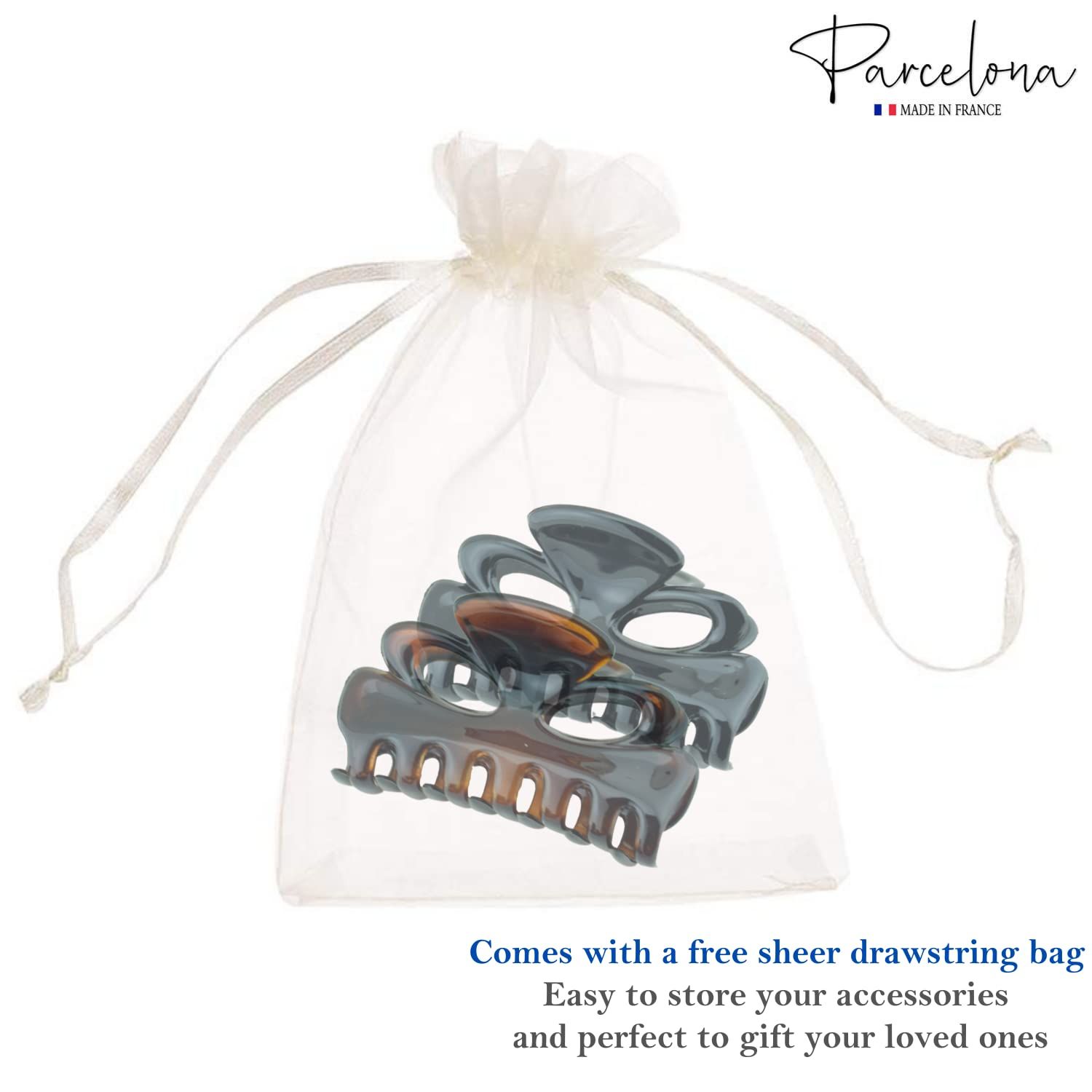 Parcelona French Chat Yeux 3 1/2" Shell and Black Celluloid Set of 2 Non Slip Hair Claw Clips for Women, Made in France
