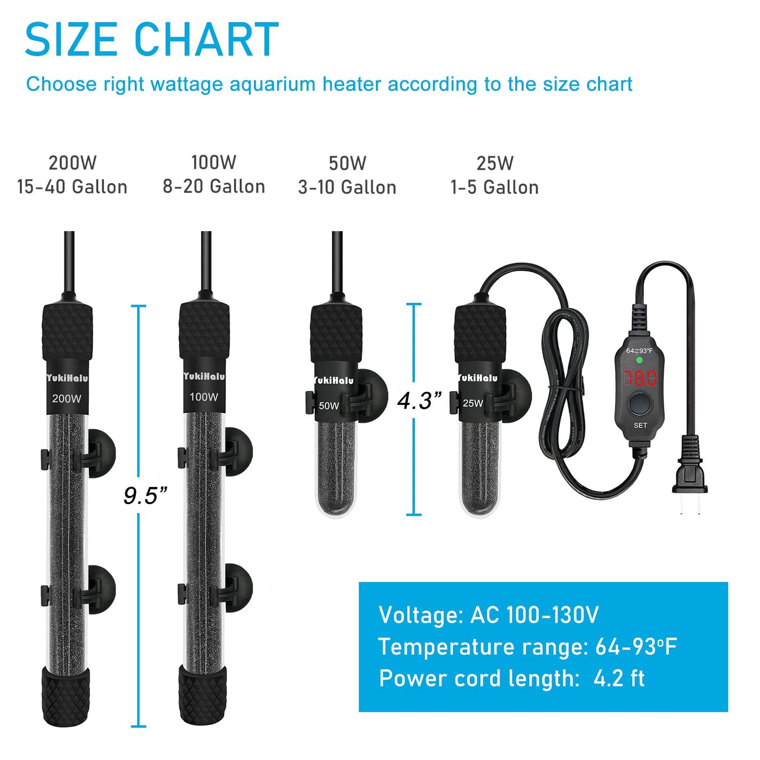 YukiHalu Small Submersible Aquarium Heater, Adjustable Mini Fish Tank Heater 25W 50W 100W 200W 300W with External Temperature Controller, LED Display, Used for 5/10/20/40/60 Gallons (200 Watts)