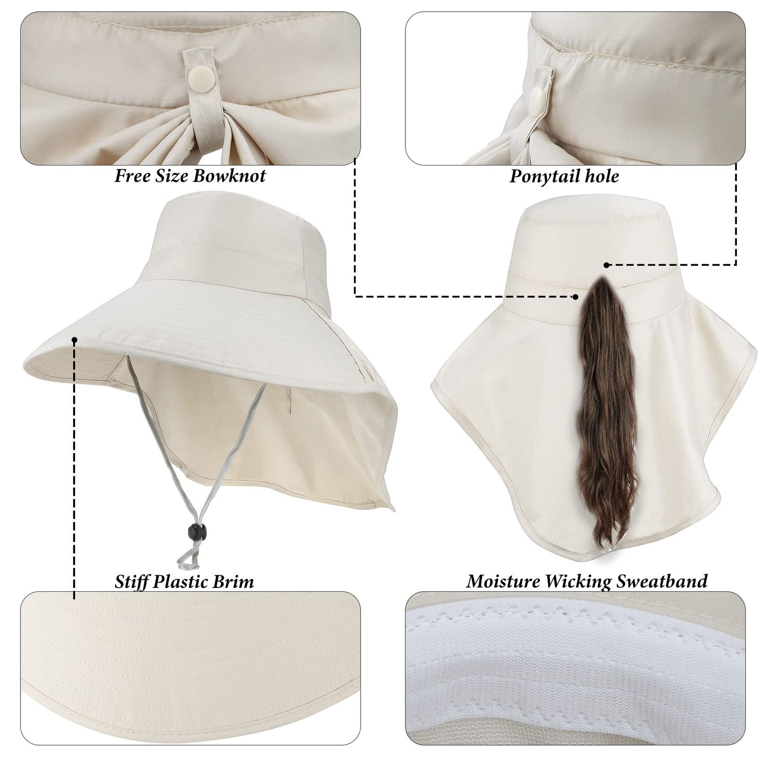 Women Summer Wide-Brim Neck-Flap Sun-Hat, UV-Protection Adjustable Gardening Hat Packable Safari Travel Hiking-Hat（M-L） Beige