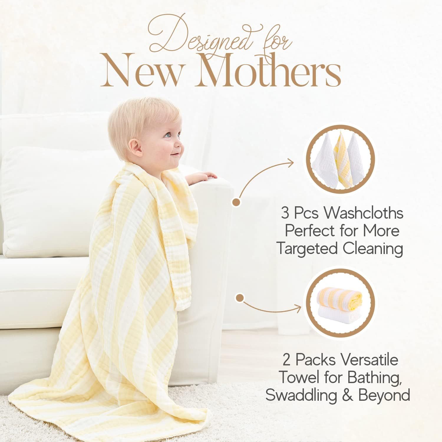 HardNok Muslin Baby Bath Towel Set, 2 Large Gauze Super Soft Baby Bath Towel and 3 Washcloths, 6 Layers Muslin Cotton Infant Blanket Suitable for Baby's Delicate Skin (Amsicotion)