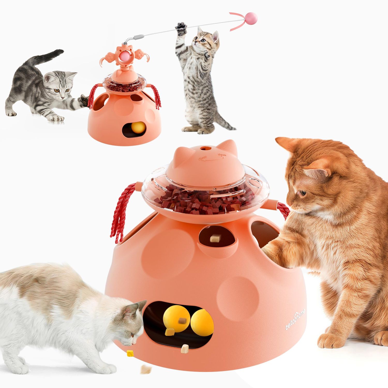 beitophome 4-in-1 Cat Toys, Interactive Cat Toy with Track Balls, Fluttering Feathers, Slow Food Dispenser, Fun & Engaging Toys for Bored Indoor Cats, Durable & Safe Interactive (Pink)