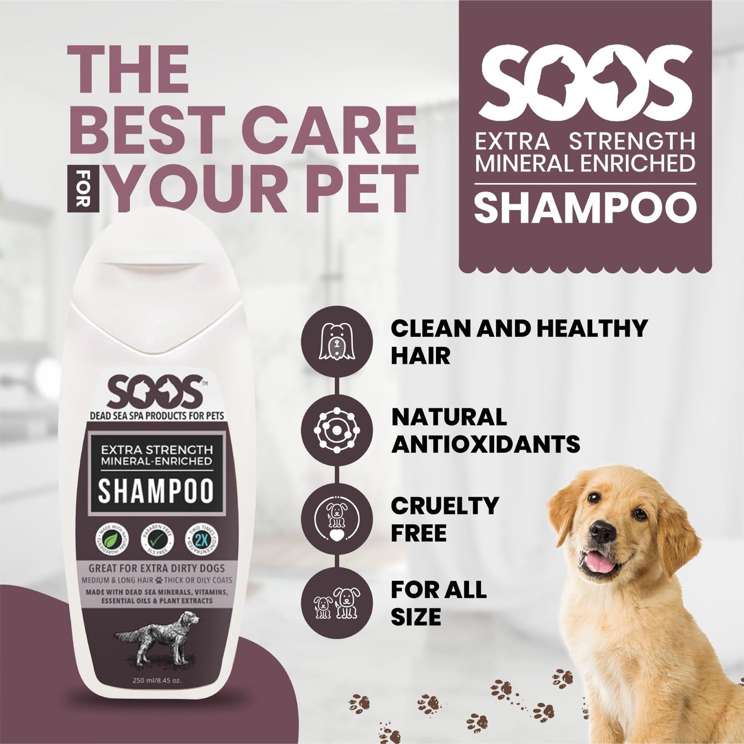 Soos Pets Shampoo Extra Strength for Cat and Dog Shampoo Natural Dead Sea Mineral Enriched Fast Absorbing with Vitamins Essential Oils Natural Ingredients Antib-acterial - 1x 250ml