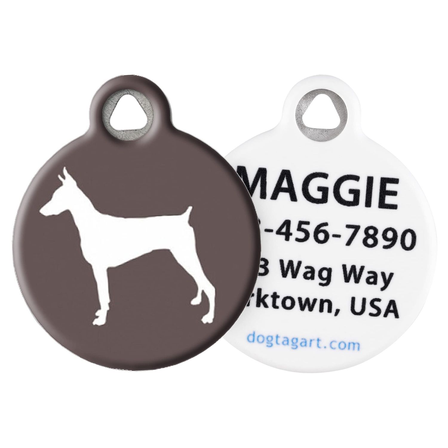 Dog Tag Art Doberman Pinscher Silhouette Personalized Pet ID Tag for Dogs, Silent Dog Tag with Customized Identification Information - Large 1.25" Diameter