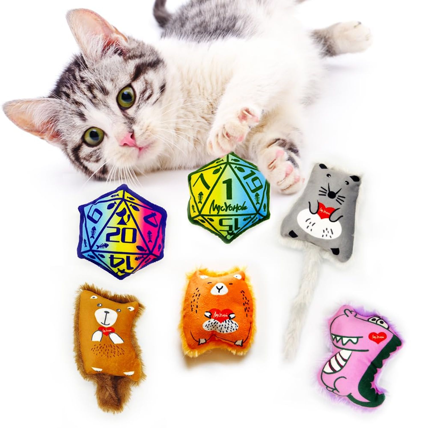MGCUTIMAL Cat Toys Catnip Toys Soft Plush Catmint Interactive Cat Kicker Toys with Crinkle Sound for Indoor Kitten (4+2 Happy Critters and Magic Dice)