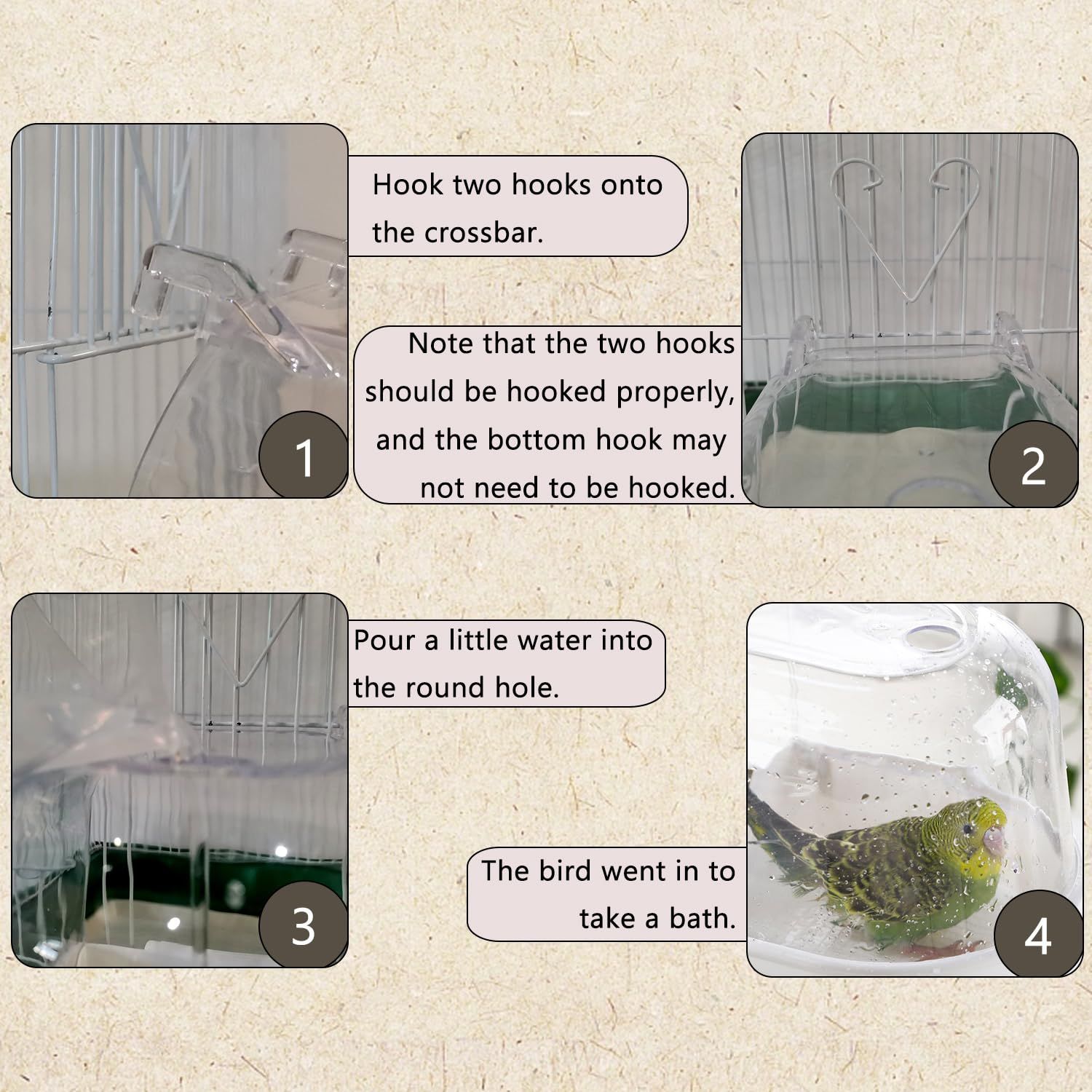 IBWell Clear Bird Bath for Cage for Small Birds Parakeet Bird Bath for Cage for Cockatiels Parakeet Cage Accessories