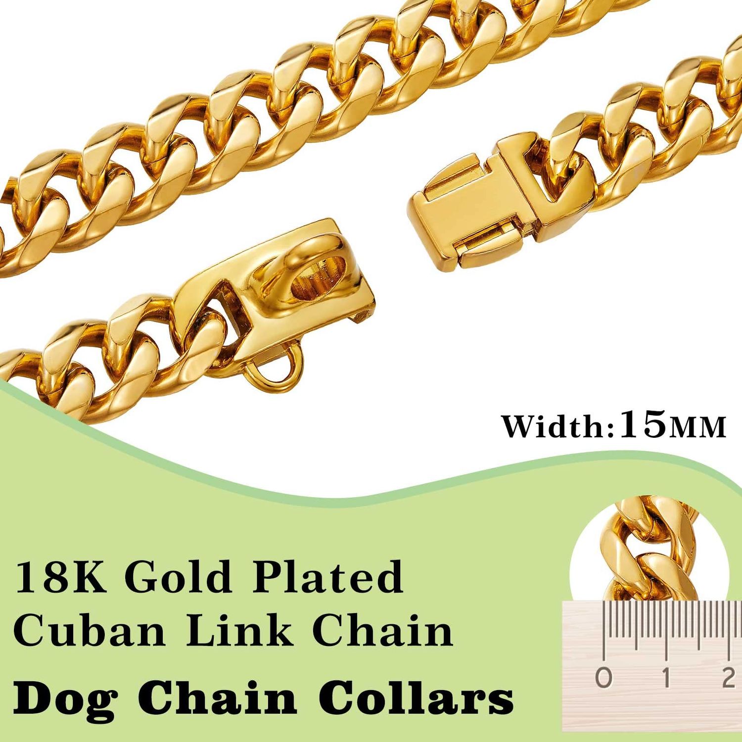 Stainless Steel Silver Gold Dog Collars with Safety Buckle Lock,18K Cuban Link Chain Training Collar,15MM Strong Dog Necklace Heavy Duty Chew Proof for Small Medium Large Dog