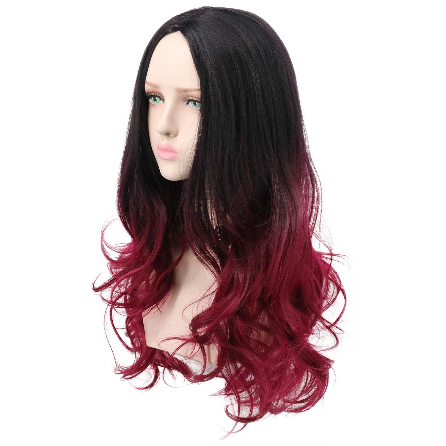 yuehong Long Wavy Two Tone Ombre Black Dark Red Wig Halloween Cosplay Costume Wigs