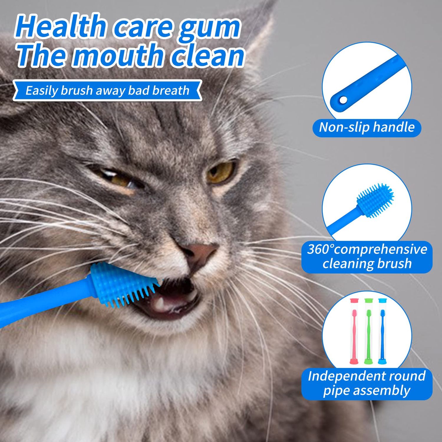 CUECOMER 3 Pack Cat Toothbrush with 360-degree Head,Full Surround Bristles Silicone Safe, Effective and Deep Pet Teeth Cleaning,Brush Away Bad Breath Toothbrush cat Teeth Cleaning Health Care