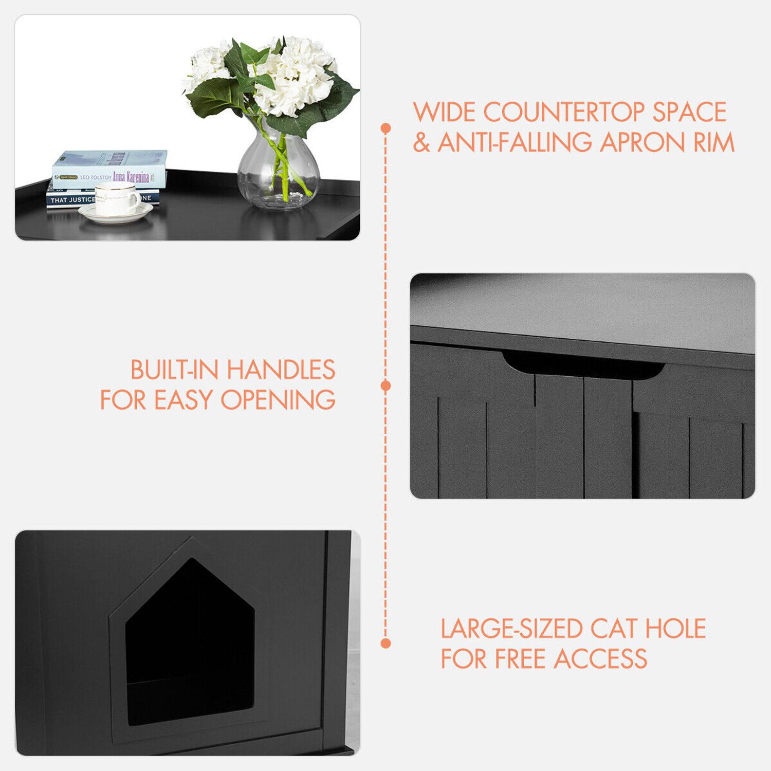Costway Cat Litter Box Wooden Enclosure Pet House Washroom Storage Bench Black