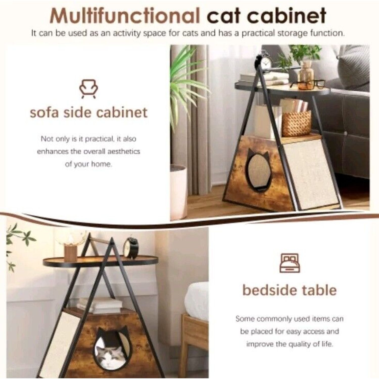 Cat House End Table Wood Cat Condo Black Vintage Pet Furniture Scratching  Board