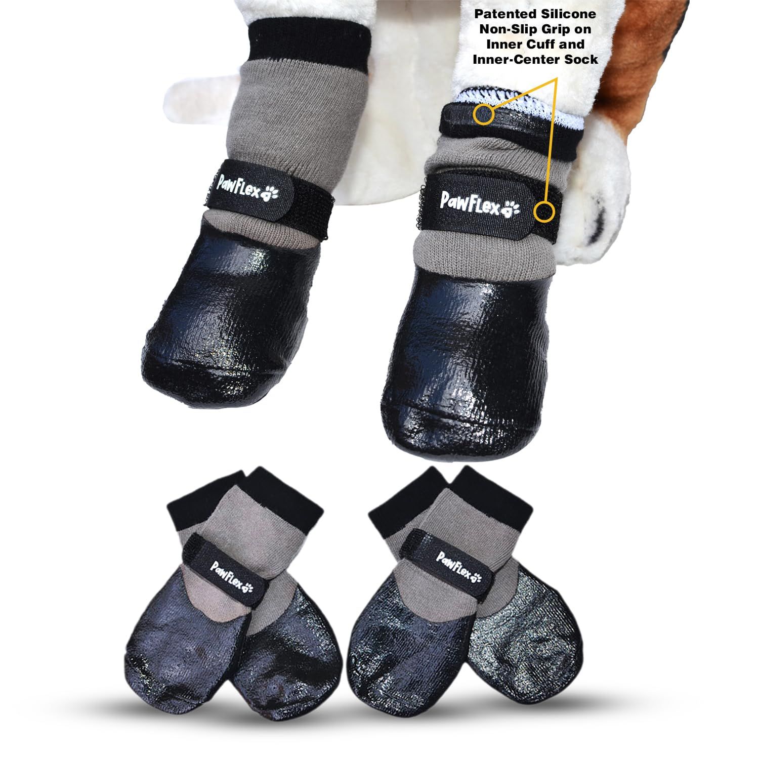 PawFlex Double Dipped Waterproof Dog Socks Comfy Pawz Soft Indoor/Outdoor Dog Booties with Rubberized Bottom| Non-Slip Silicone Grip at Inner Cuff for No Twisting or Sliding Off| Adjustable Strap