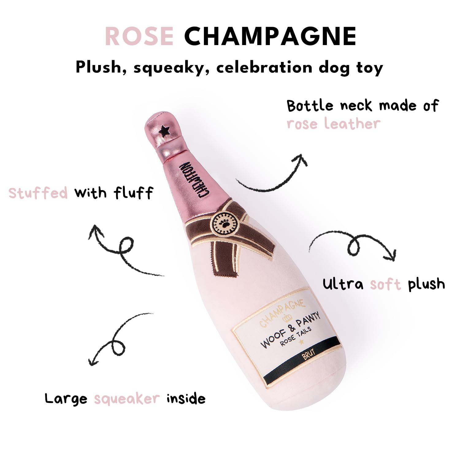 CHEWFFON Dog Toy, Squeaky Dog Toys for Boredom, Plush Pet Present Chew Toy for All Breeds Dogs, Pink Champagne Shape Interactive Puppy Toys for Birthday Stimulating Gifts