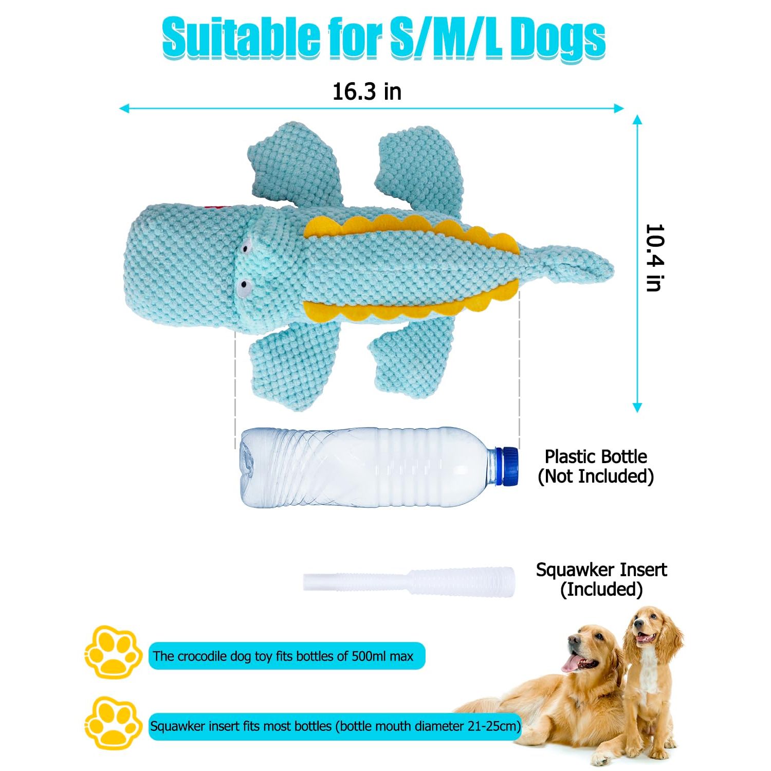 SCHITEC Squeaky Dog Toys, Crinkle Plush Water Bottle Toy with No Stuffing Body, Interactive Squawking Pet Chew Toy for Puppy Small Medium Large Dogs