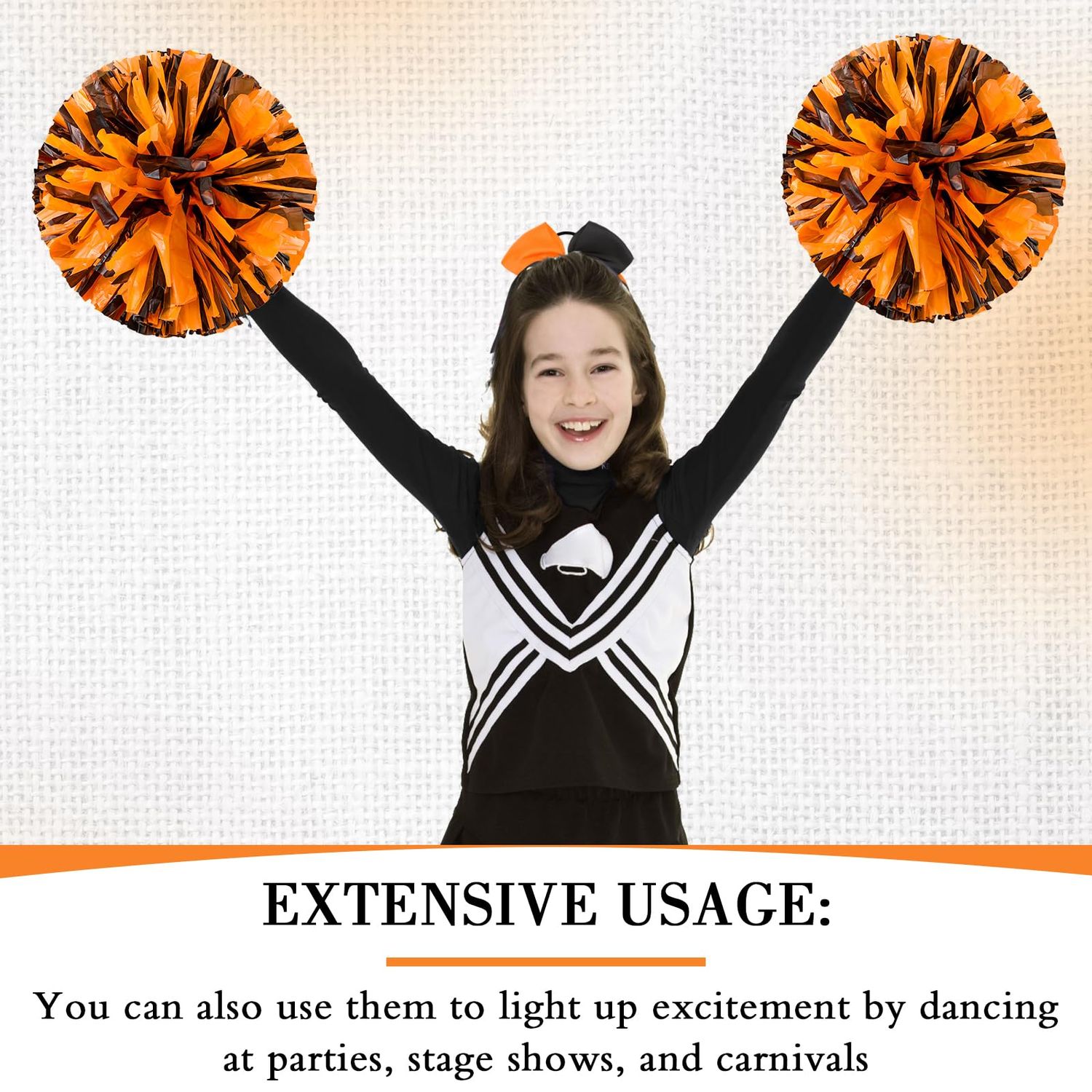 Cheerleading Pom Poms and Large Cheerleader Hair Bow for Girl, 12 Inch Large Metallic Cheer Cheerleader Pom Poms for Sports Team Spirit Cheering (Orange Black Mixed)