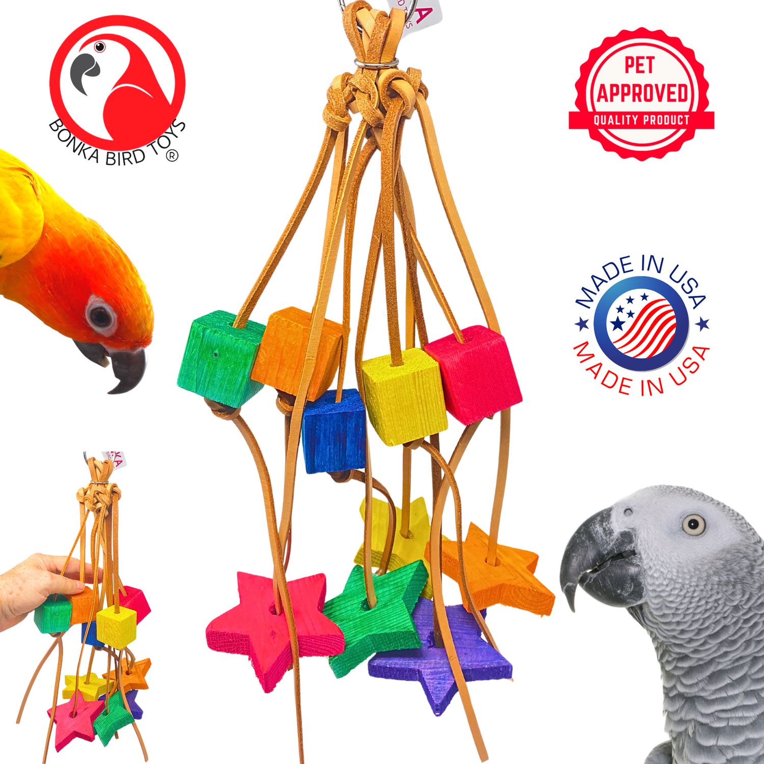 Bonka Bird Toys 1707 Shooting Star Large Wood Leather Chew Parrot Cage Toy Pet